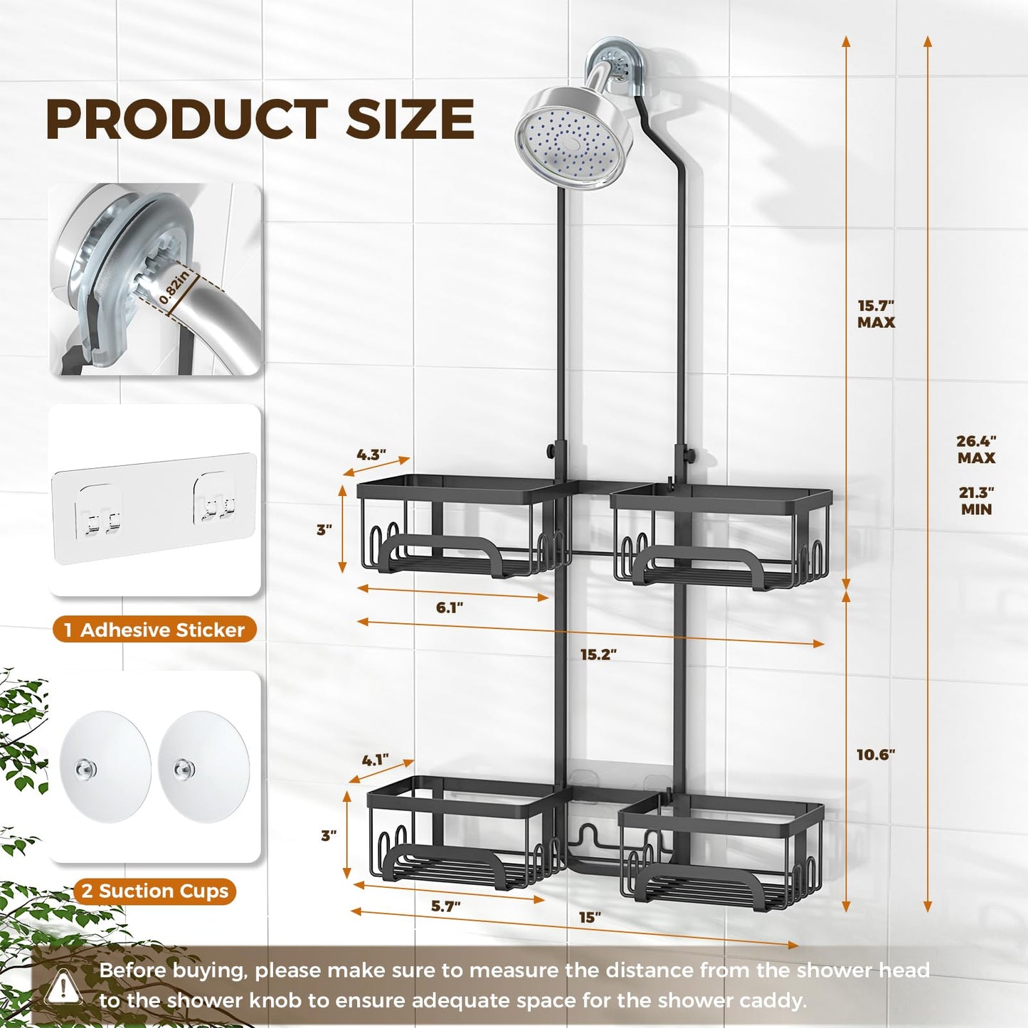 REINHARDT Shower Caddy Hanging for Handheld Showerheads Adjustable Split Shower Caddy, Rustproof Shower Organizer with Hooks for Razors Over the Head Caddy with Soap Holder Bathroom Accessories, Black