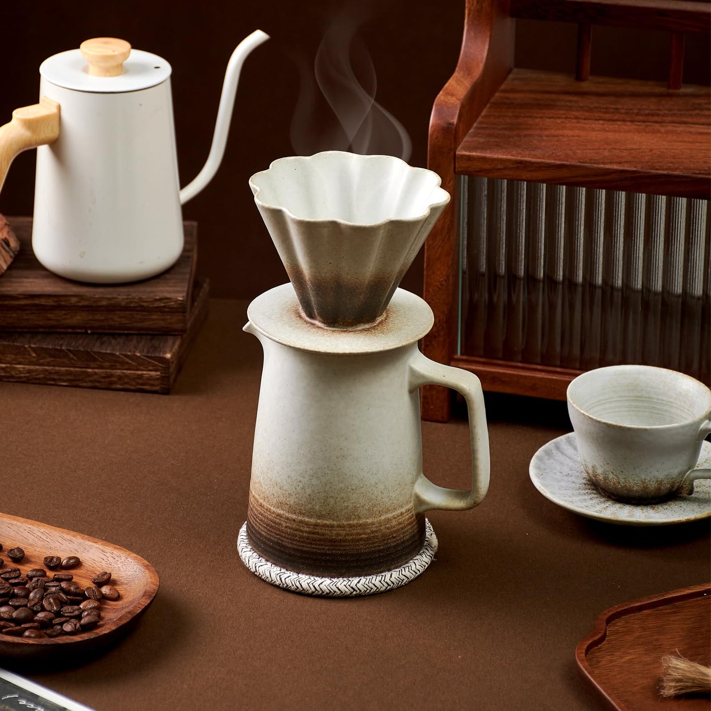 LEIJOCO Pour Over Coffee Maker, Ceramic Coffee Dripper with 40pcs V02 Paper Filter & Coaster, 18.2oz/540ml Flower Shape Pour Over Coffee Filter set (Brown Gradient Set)