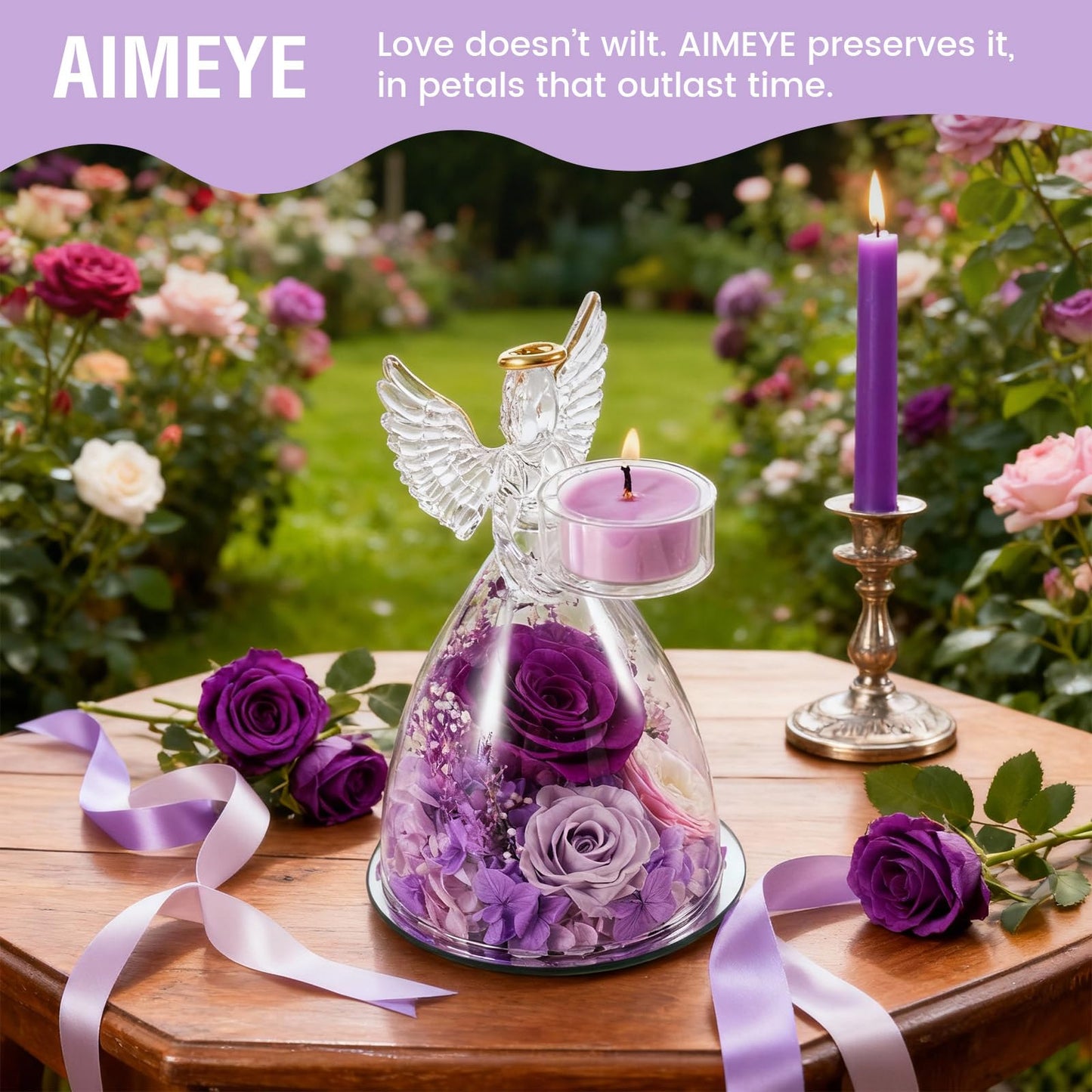 AIMEYE Mothers Day Roses Gifts for Mom, Preserved Roses in Glass Angel Figurines with Tealight Candle Holder,Fresh Flowers for Delivery,Mothers Day Flowers Gifts for Grandma Women Wife from Daughter