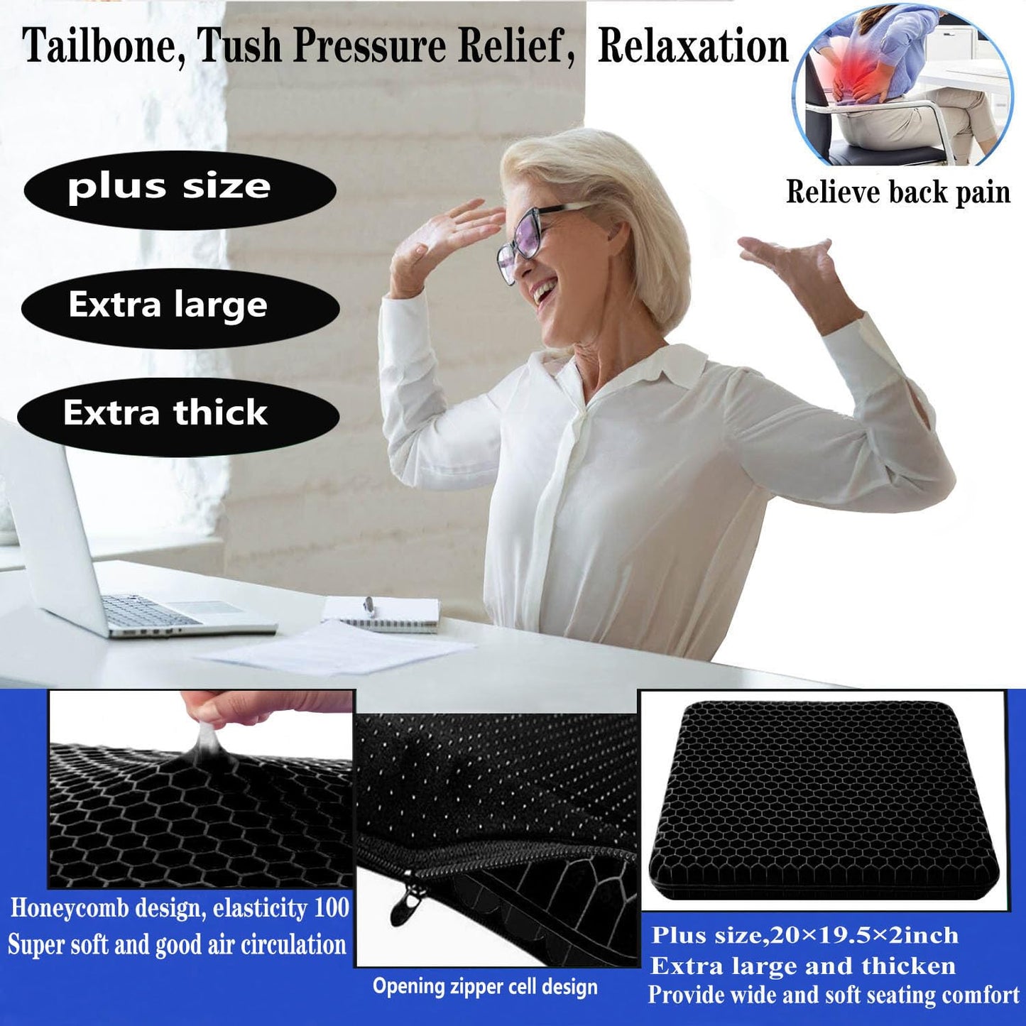 Plus Size Gel Seat Cushion for Long Sitting, Extra Large and Thick, Seat Cushion for Back, Sciatica, Hip, Tailbone Pain Relief, Used for The Office, Wheelchair, Car, Recliner, Stadium, Kayka.(Black)