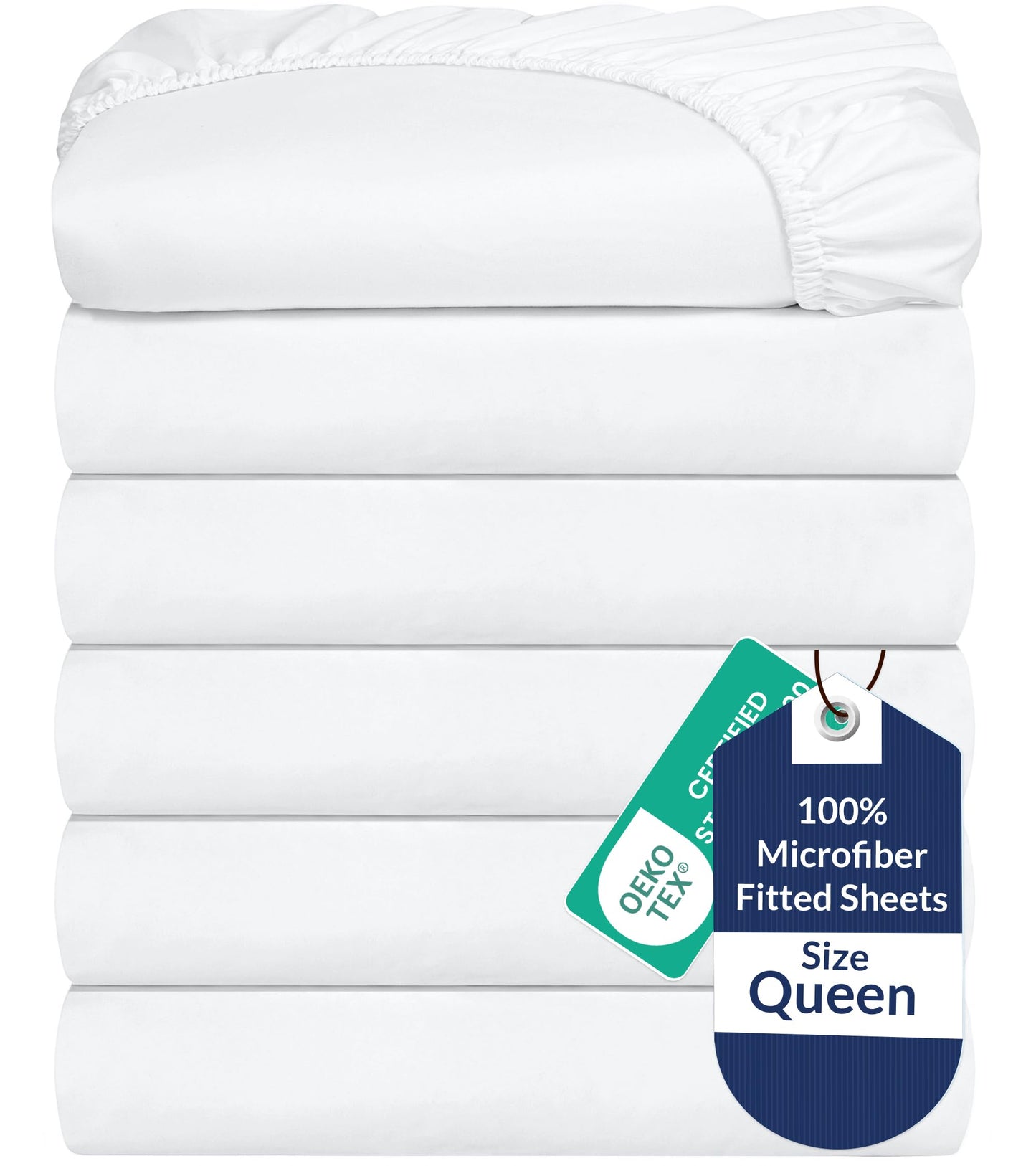 Royale Linens 6 Pack Queen Fitted Sheet Set - Bottom Sheet - Ultra Soft & Breathable - Brushed 1800 Microfiber - Wrinkle & Stain Resistant - Hotel Quality Deep Pocket Stretch Up to 16" (Queen, White)
