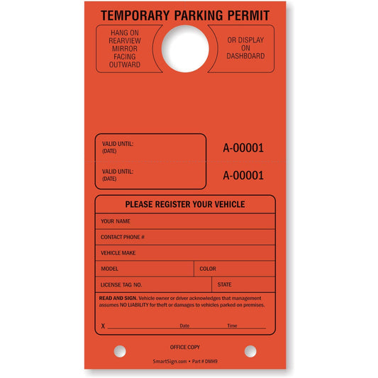 SmartSign “Temporary Parking Permit” Mirror Hang Tag | Pack of 50 | Fluorescent Red | 7.75" x 4.25" Cardstock with Perforation Stub