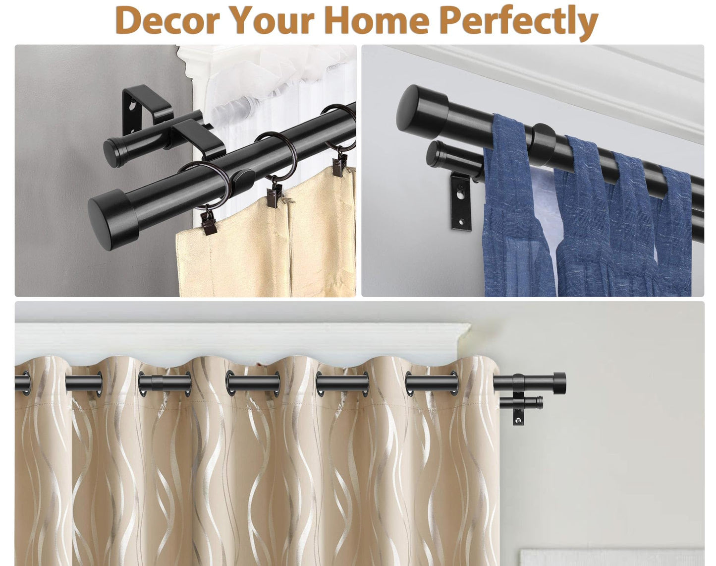 KAMANINA Double Curtain Rod for Windows 140 to 195 Inches (12-16 Feet), 1 Inch Heavy Duty Black Curtain Pole, Adjustable Double Rods with End Caps