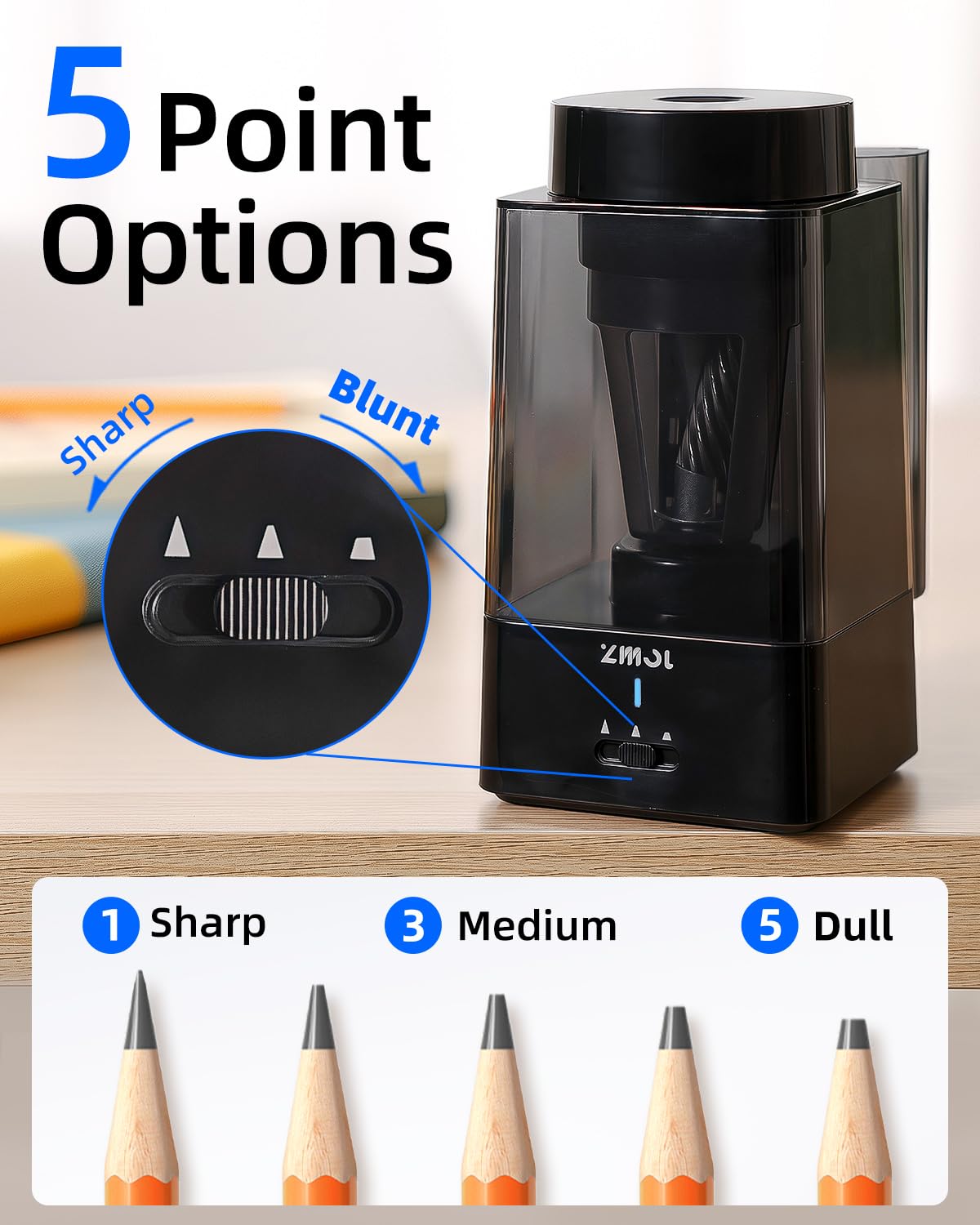 ZMOL Fully Automatic Electric Pencil Sharpener, Hands-Free Auto in & Auto Eject, Rechargeable Colored Pencil Sharpener for 6-12mm Pencils, 5 Point Settings, Auto Stop, Classroom School Teacher