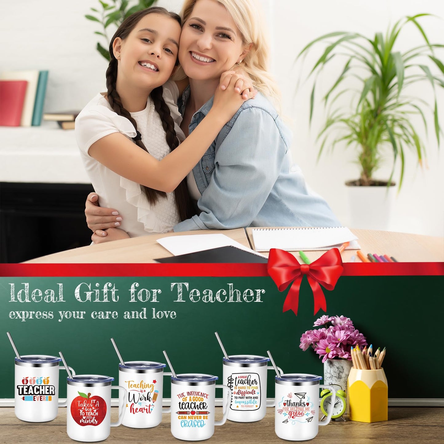 Maxcheck 6 Pcs Teacher Appreciation Gifts Mugs Bulk 16oz Thank You Teacher Stainless Steel Tumblers Inspirational Insulated Coffee Cups with Handle Lids Straw for Women Birthday Christmas