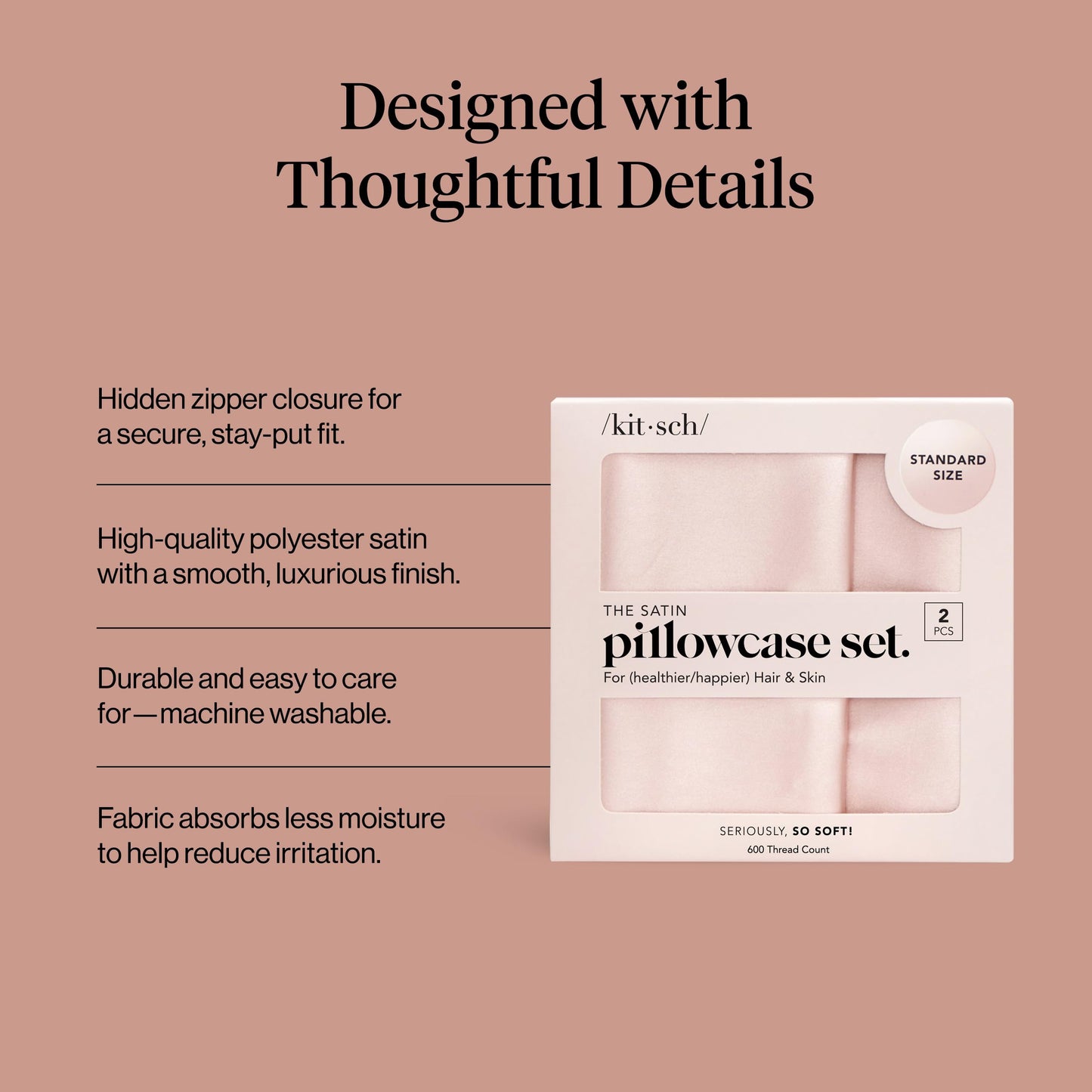 Kitsch Satin Pillowcase with Zipper for Hair & Skin - Softer Than Silk Pillow Cases, Smooth Cooling Satin Pillow Case, Wrinkle-Free, Machine Washable - Pillow Cases Standard Size 19x26 - Blush, 2pcs