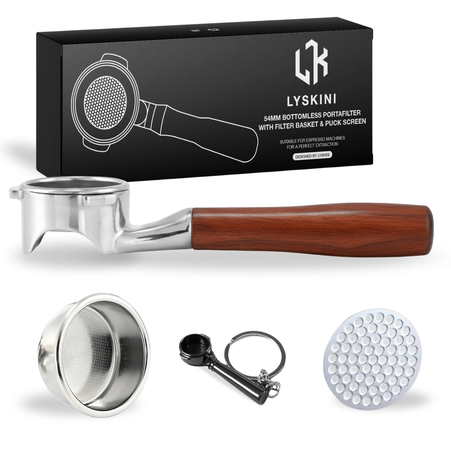 54mm Bottomless Portafilter Flat for Breville/Sage – Fits Barista Express, Pro, Touch, Bambino & Bambino Plus, Infuser – Rosewood Handle – Includes 18–21g Filter Basket & Puck Screen