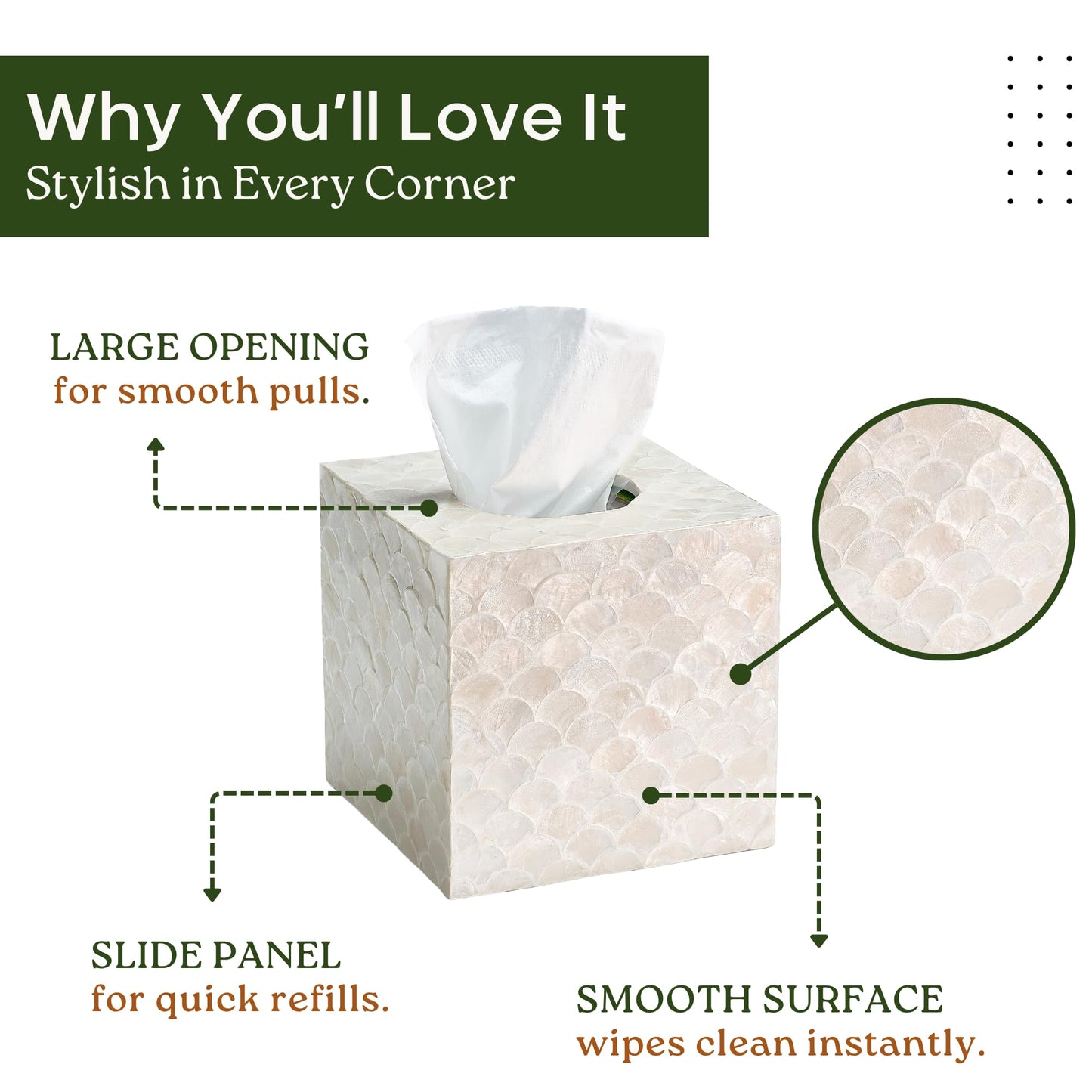 CHI AN HOME 5.8” Capiz Tissue Box Cover, Square Decorative Tissue Holder with Bottom Slider, Handmade Bathroom Accessories, Elegant White Cube for Vanity, Bedroom, Office & Coastal Décor (Natural)