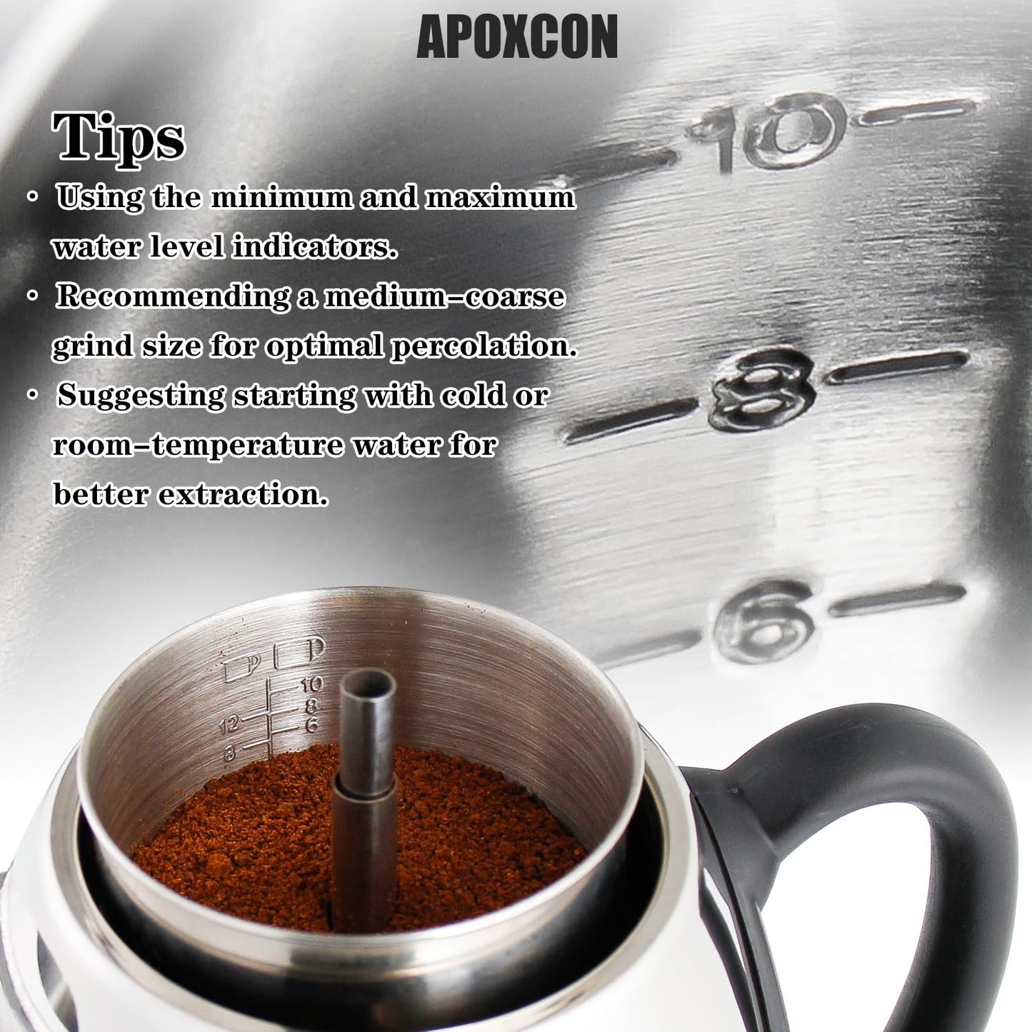 APOXCON Electric Coffee Percolator, Stainless Steel, with Clear Brew Progress Knob, No-Drip Spout, Auto Keep Warm, Cordless Serving, 10 Cup, Silver