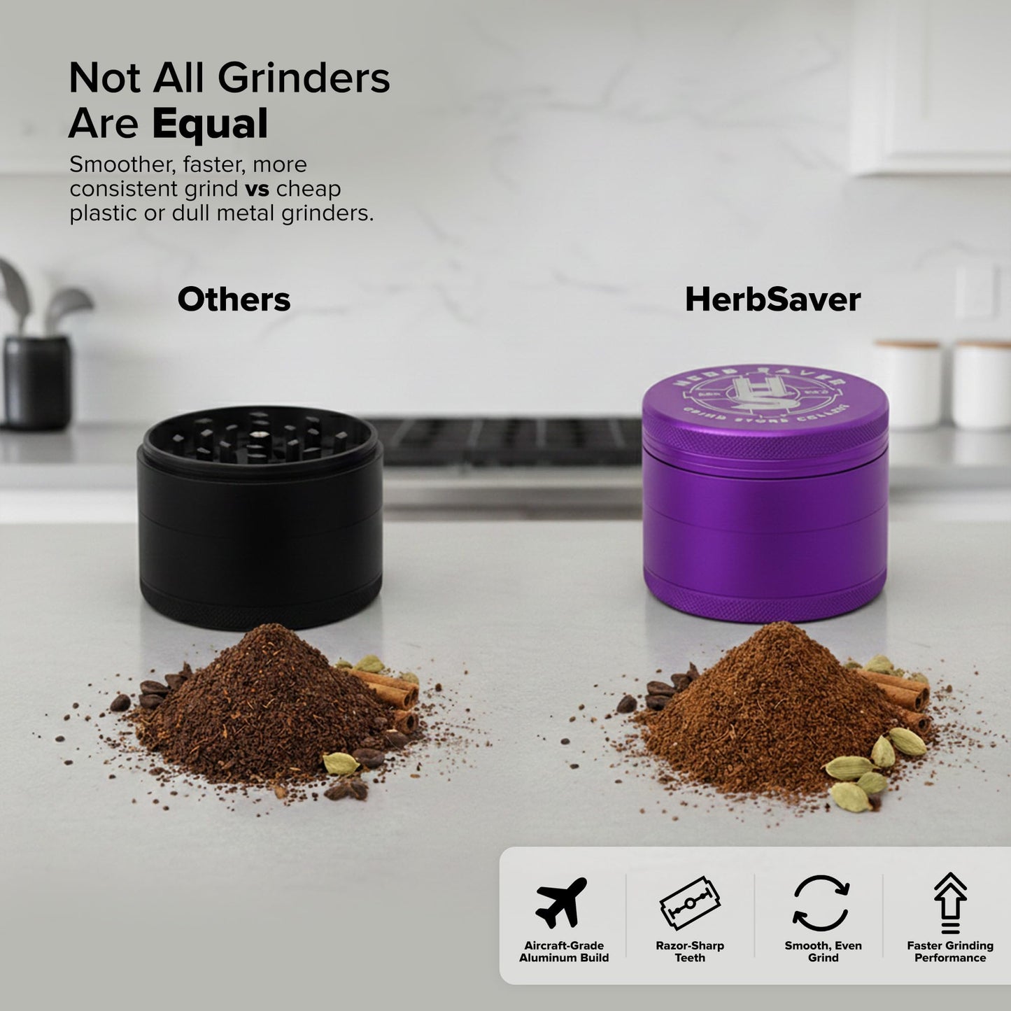 HerbSaver 2.5 Inch Aluminum Spice Grinder – Manual Kitchen Grinder with Sharp Teeth, Magnetic Lid, Matte Finish for Pepper, Salt and Seasonings (Purple)