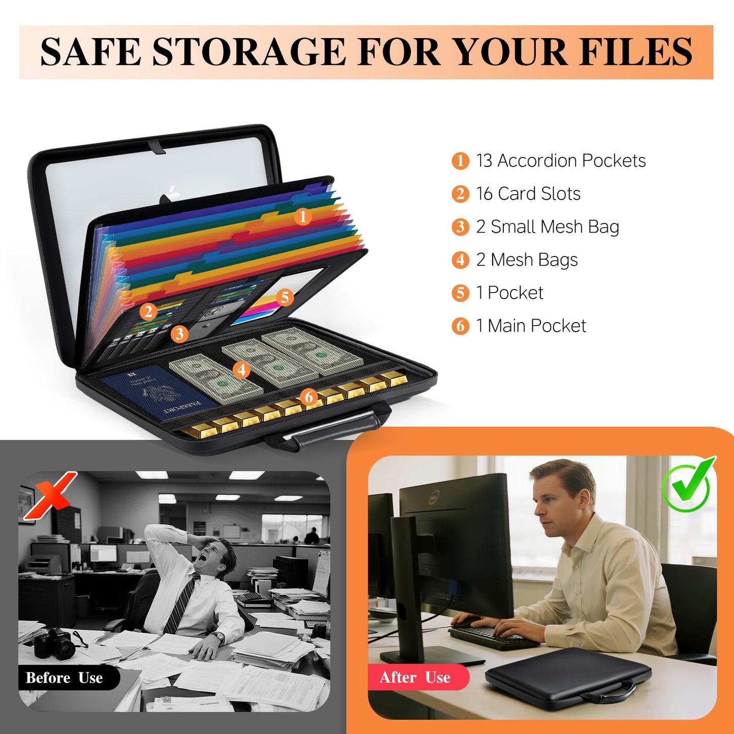 Fireproof Document Box File Organizer: Hard-Shell Case Fireproof Waterproof Box with Lock & 13 Pocket Accordion File Folder - Portable Home Office Travel Safe Storage for Important Documents and Files
