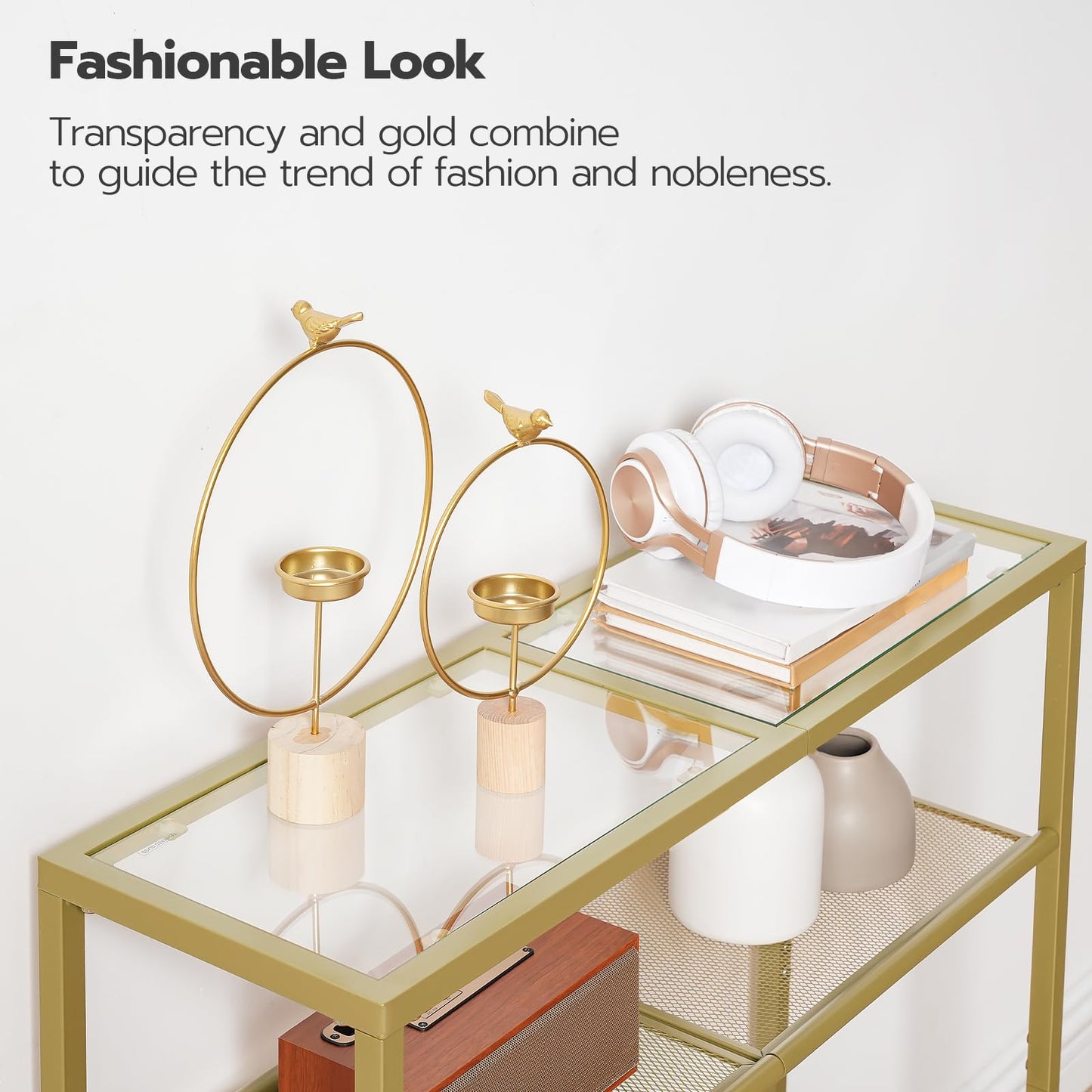 HOOBRO 29.5" Narrow Console Table, 3-Tier Tempered Glass Sofa Table, Modern Entryway Table, for Entrance, Living Room, Foyer, Hallway Bedroom, Gold GD21XG01G1