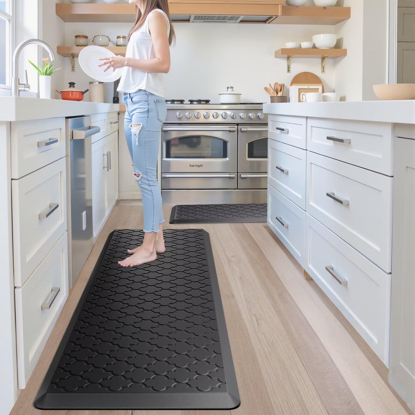 StepAura Kitchen Mats for Floor 2 Piece - Anti Fatigue Mats for Kitchen Floor - Non Slip Cushioned Rugs for Standing, Office, Sink, Laundry, Black