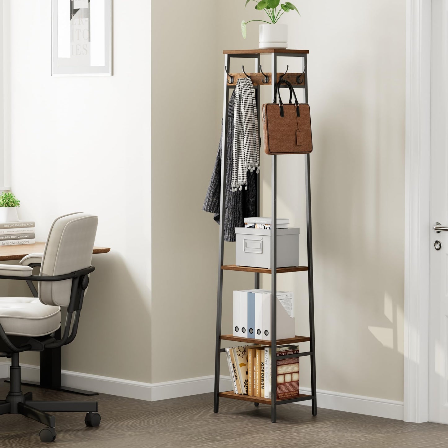Cerlyunzan Coat Rack Freestanding, Coat Stand with 3 Shelves and 7 Hooks, Hall Tree Free Standing, Clothes Rack Stand Organizer, Industrial Style, Rustic Brown and Black
