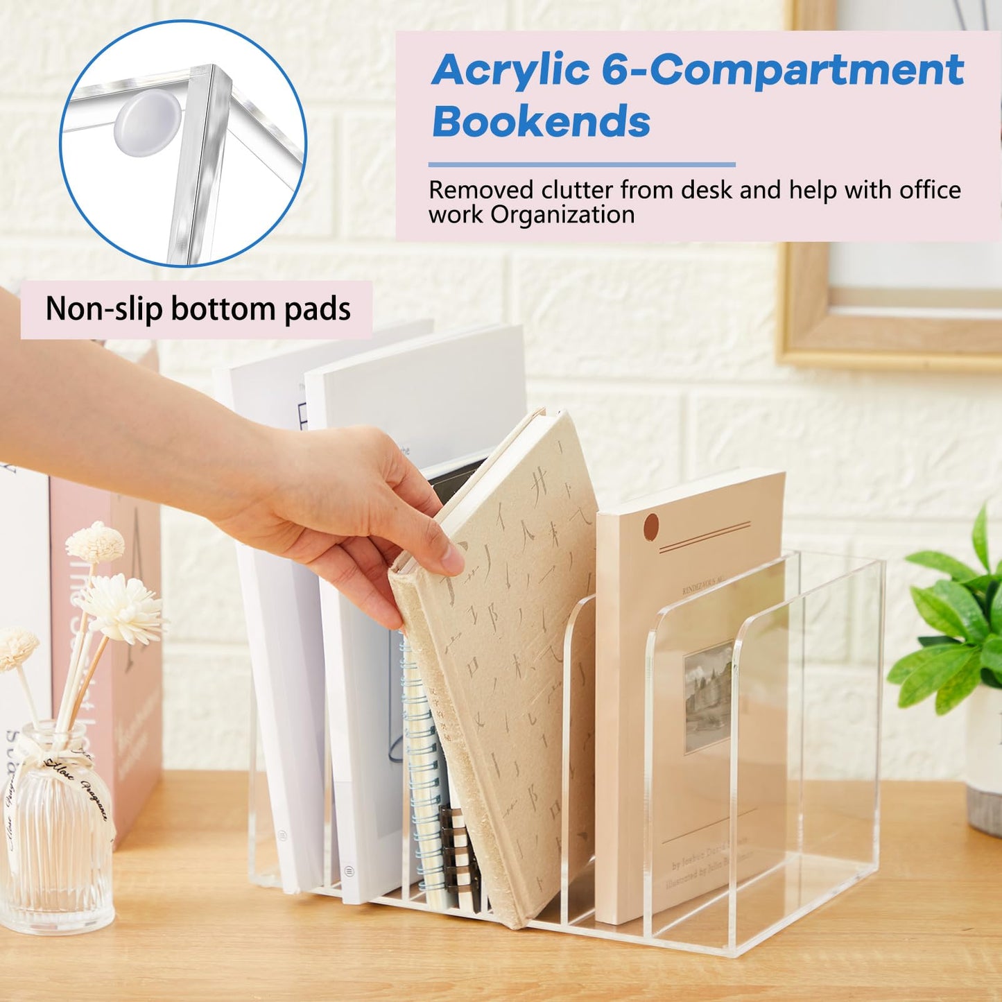 Suzile Clear Acrylic Magazine File Holder with Vertical Compartments Desk Organizer Book Rack for Desk Sorter Paper Folder Office Accessories (Classic,10.5 x 6.9 x 6.3 Inch)