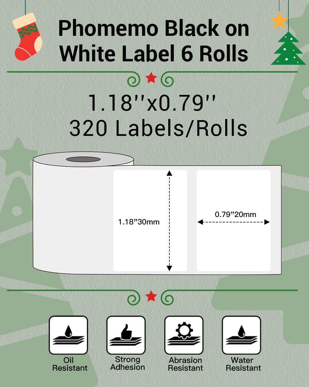 Phomemo Sticker Labels 1.18" x 0.79" (30x20mm) 6 Rolls, for M110/M110S/M120/M200/M220 Printer - Black on White, for Small Business, Home, Office, 320 Labels/Roll