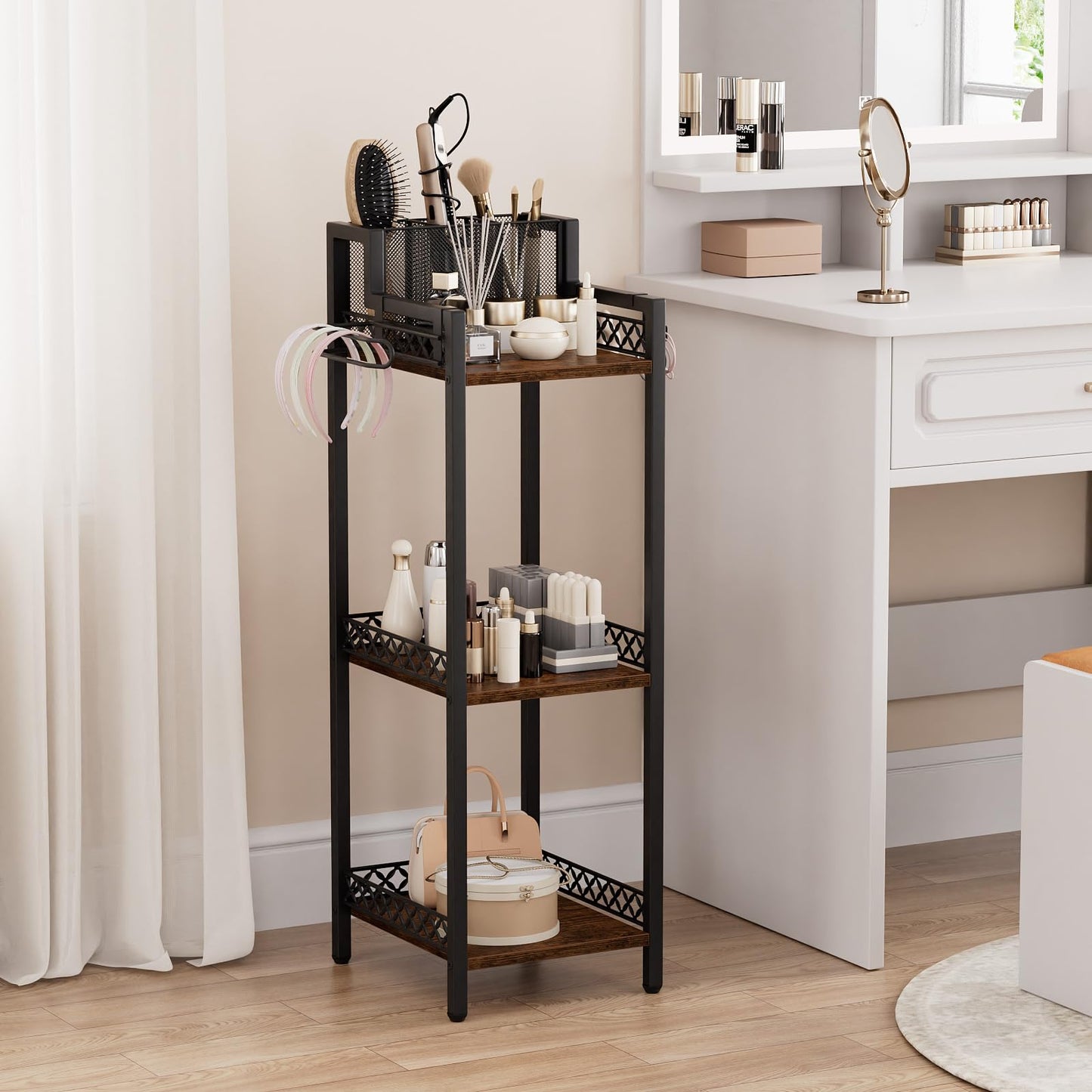 FURFUN Bathroom Storage and Organizer Shelf Hair Dryer Holder, 9.85in 3-Tier Narrow Metal Standing Rack with Toilet Paper Holder, Corner Stand for Cosmetic, Vanity, Kitchen, Laundry Rustic Brown