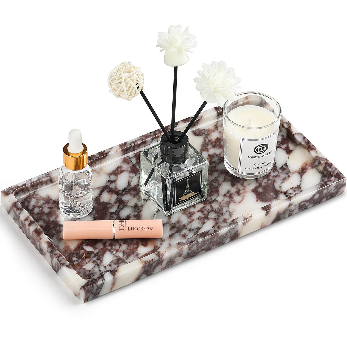Natural Marble Vanity Tray - Moujings Genuine Marble Perfume Tray for Bathroom Decor, Stone Bathroom Vanity Organizer Tray for Kitchen Counter, Candles, Jewelry, Coffee, Makeup, Key