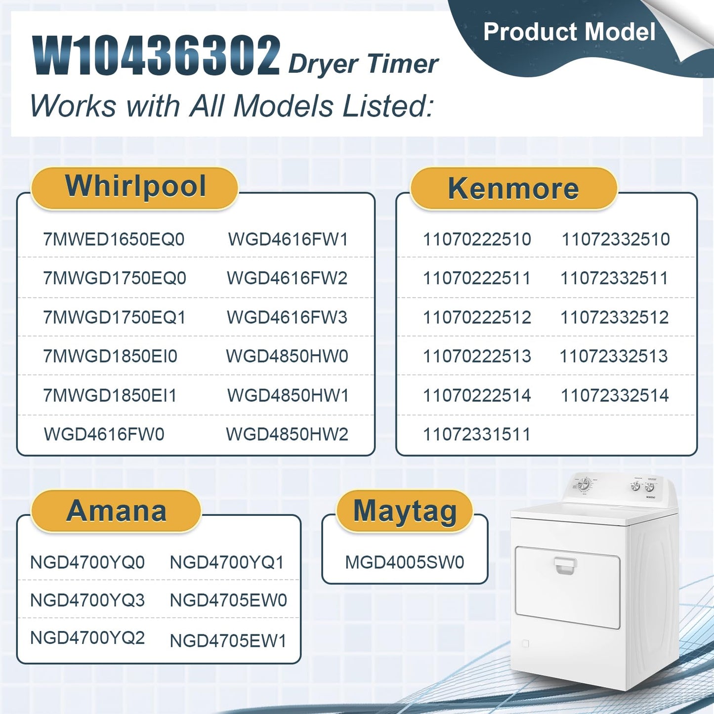 WPW10436302 W10436302 Dryer Timer Compatible with Whirlpool Maytag Kenmore Amana Inglis Dryer, Replacement Part 4446791 AP6021392 PS11754716 EAP11754716 PD00025548