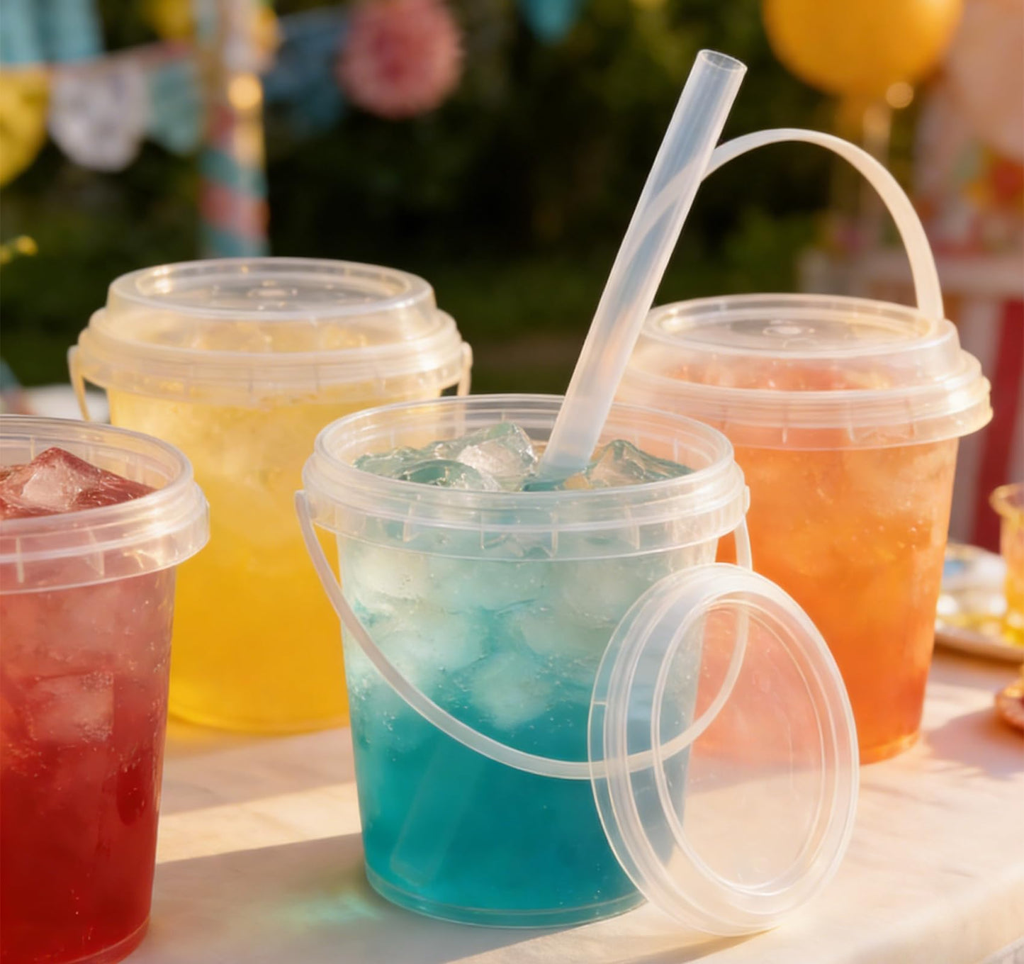 75 Pack Plastic Drink Buckets with Lids and Straws, 24 oz Clear Rum Buckets for Cocktails, Reusable Pails for Drinks, Adult Beach Party and Bar Supplies, BPA-Free Food Grade