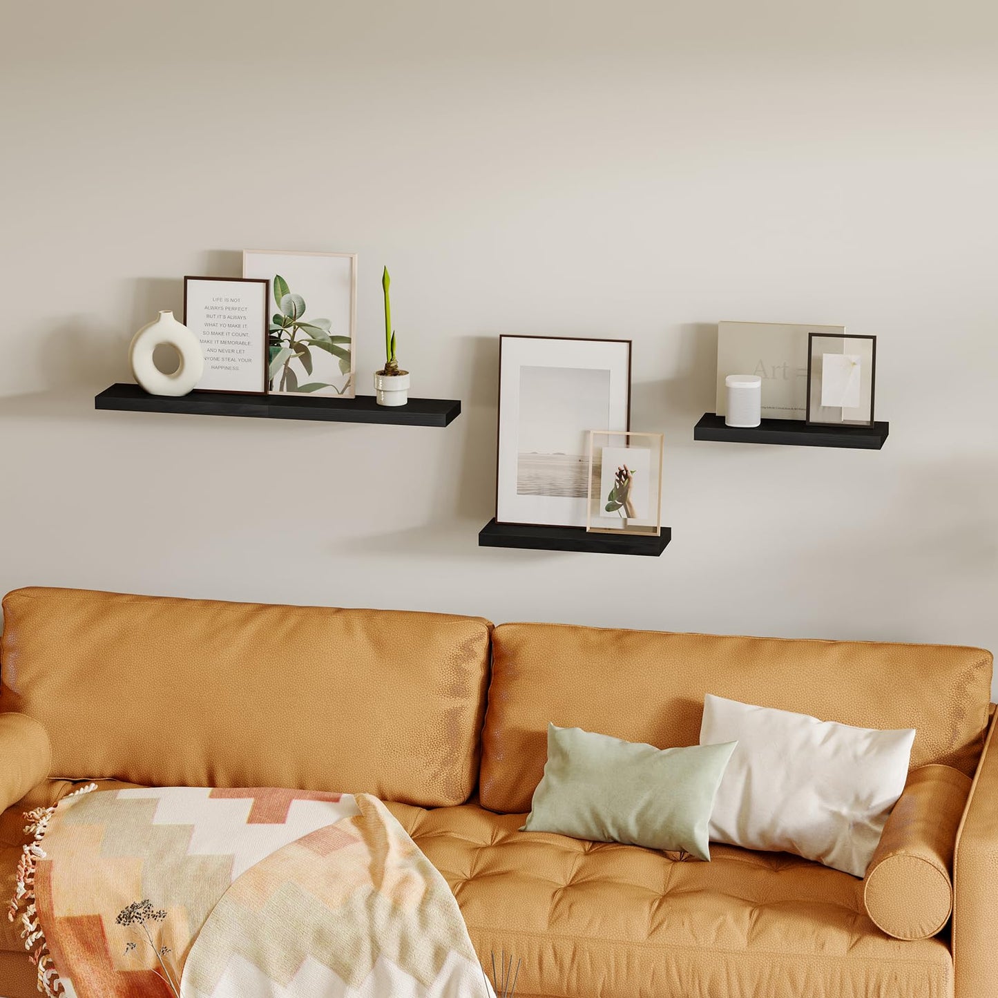 Fixwal Black Floating Shelves for Wall, Rustic Wood Shelves for Bathroom, Living Room, Bedroom and Kitchen, Wall Shelves for Storage, Books, Room Decor (Set of 4, 15.8 Inch)