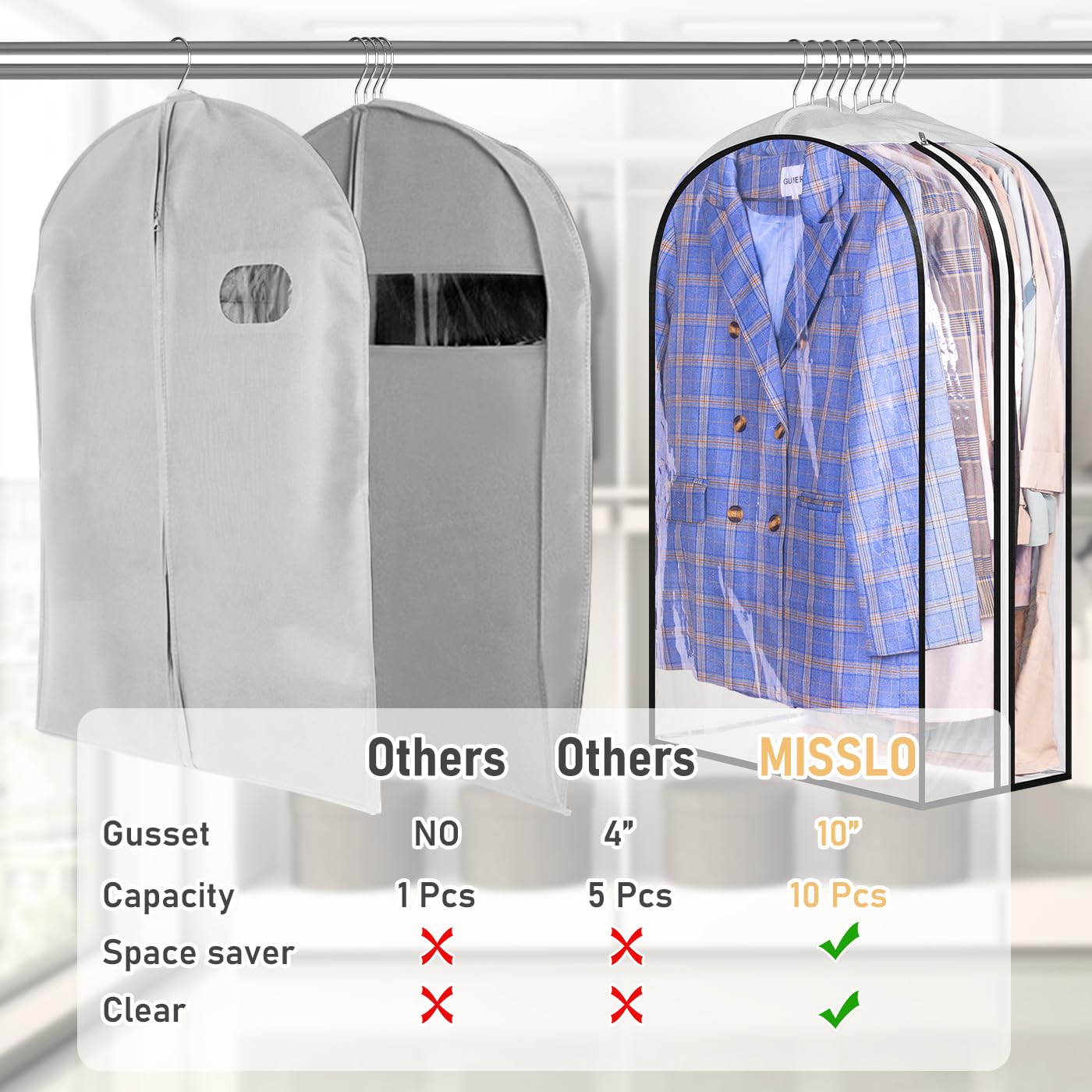 MISSLO 32" All Clear Garment Bags for Hanging Clothes 10" Gusseted Suit Bags for Closet Storage Suit Cover Hanging Clothes Storage for Shirts, Coats, 3 Packs