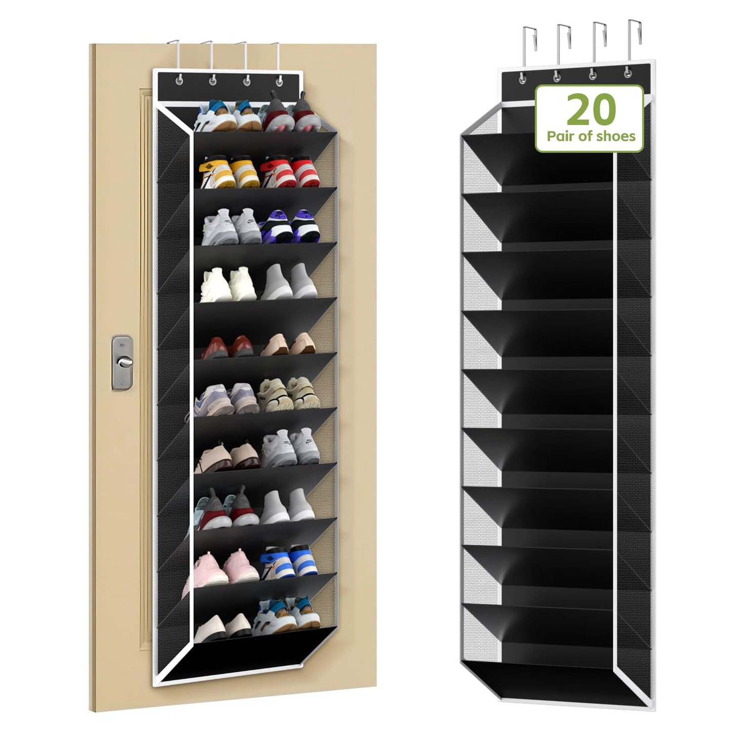 KEEPJOY 10 Tiers Mesh Over Door Shoe Organizer Storage, Hanging Shoe Holder for Door with Large Deep Pockets, Fit 20-30 Pairs Shoe Rack for Sneakers, Boots(Black)