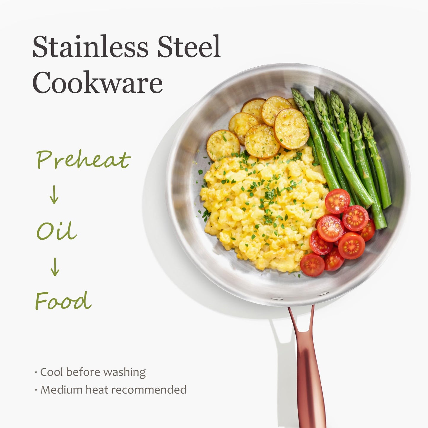 CAROTE 3-Piece Tri-Ply Stainless Steel Frying Pan Set, Skillet Set 8"/10"/12", Induction Compatible, Oven & Dishwasher Safe, Gold Handle, Mothers Day Gifts