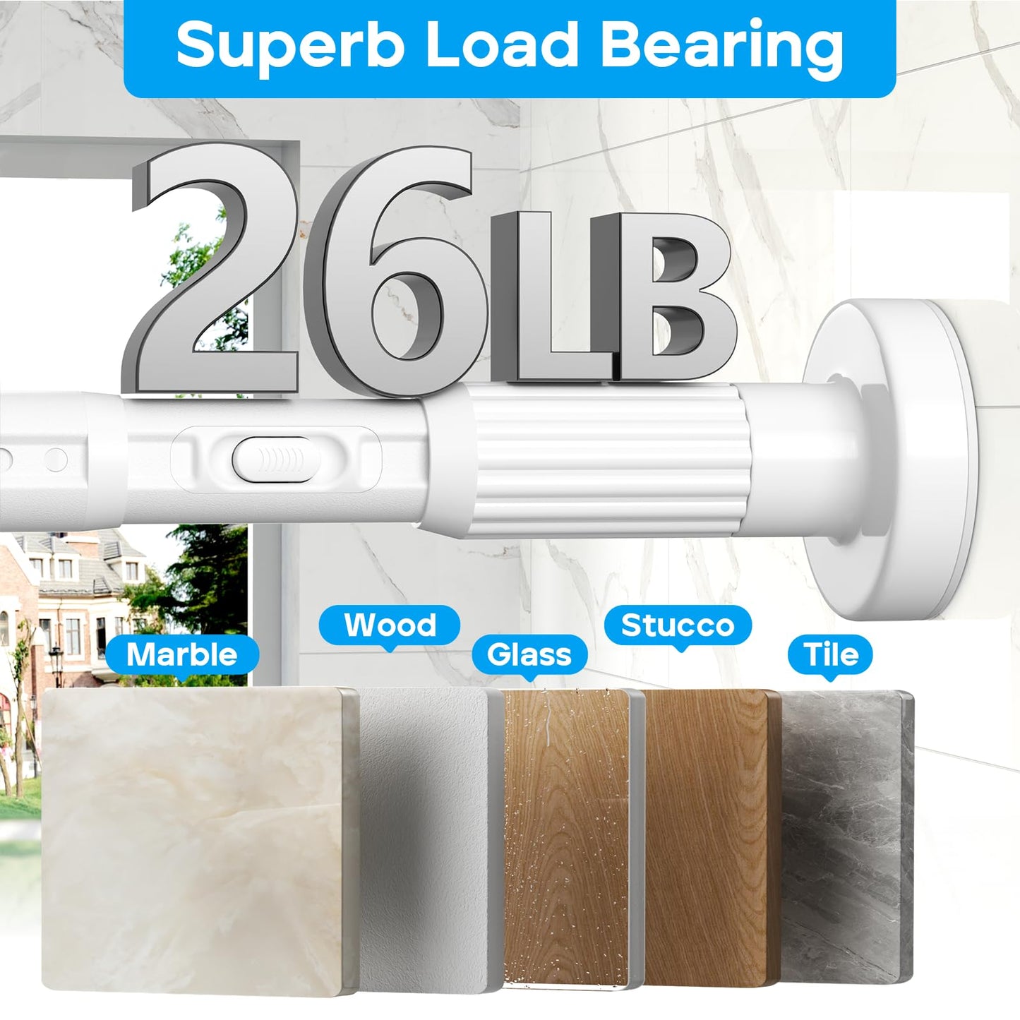 ZipGlo Tension Curtain Rod，40-166IN(3.33-13.83Ft) One-Click Fast Extension Rod Easy to Install White Long Outdoor Curtain Rods No Drilling Never Rust for Window or Shower Patio Diameter 1.26 Inches