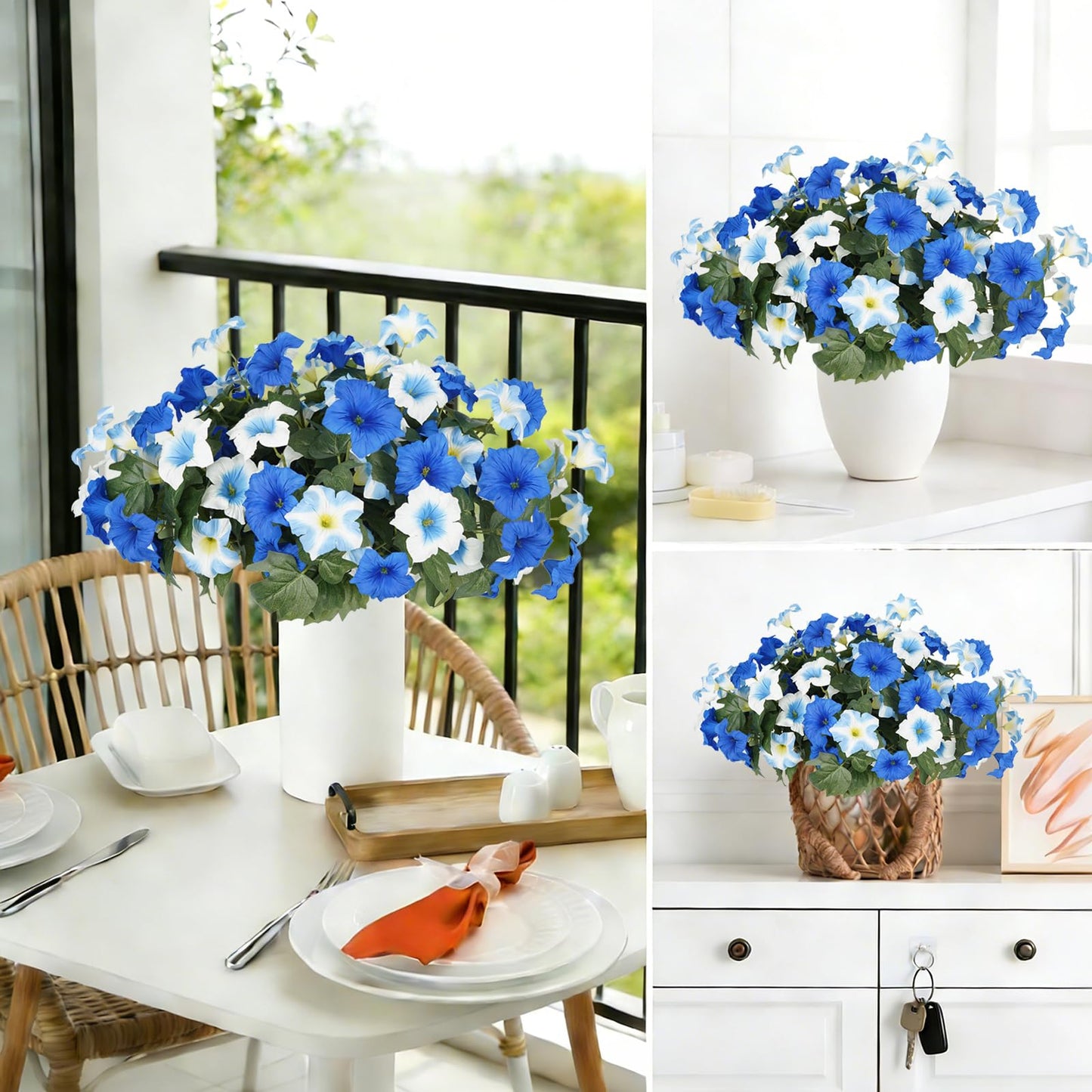 Artificial Flowers for Outdoors, Faux Petunias Spring Summer Decoration, Fake Flowers Plants UV Resistant Look Real Silk Flowers for Outside Planter Front Door Porch Patio Yard (12, Blue-White)