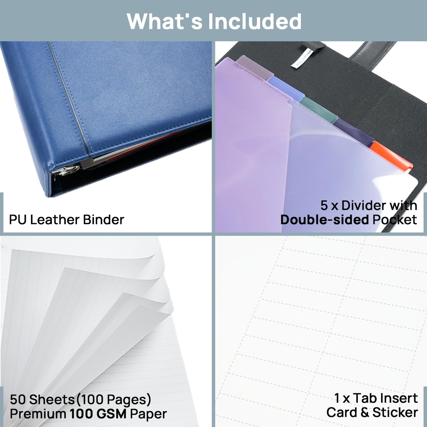 POPRUN Portfolio Binder, PU Leather 3 Ring Binder 1.5 Inch, Includes Card Slots, PP Dividers, Filler Paper & Tab Stickers, Professional Organizer for Office Meetings & Presentation, Blue