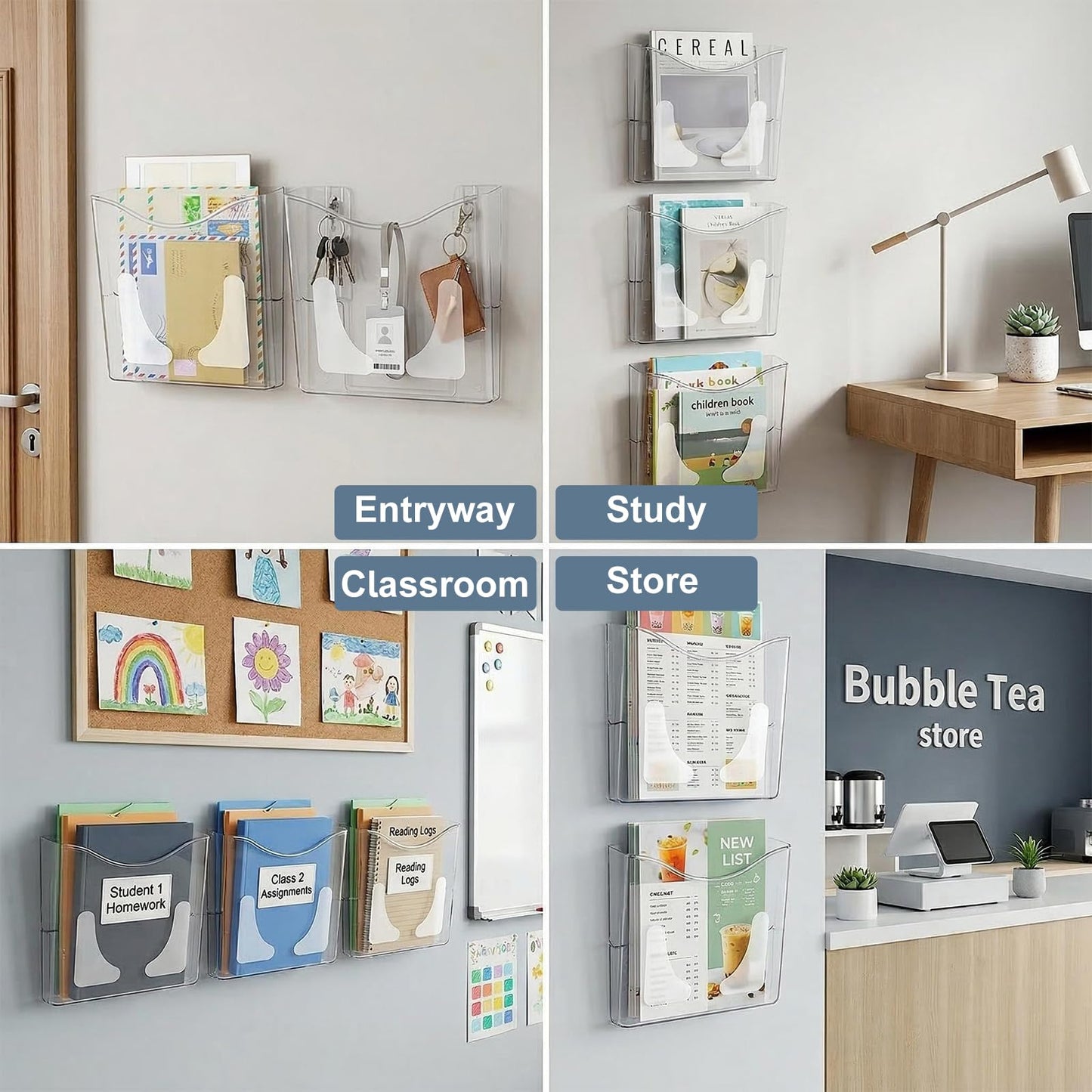 PAG 6-Pocket Clear Wall Mount File Organizer for Office, Vertical Hanging Document Paper Folder Holder for Home, Letter Size Mail Sorter, Transparent Magazine Literature Rack with Mounting Hardware