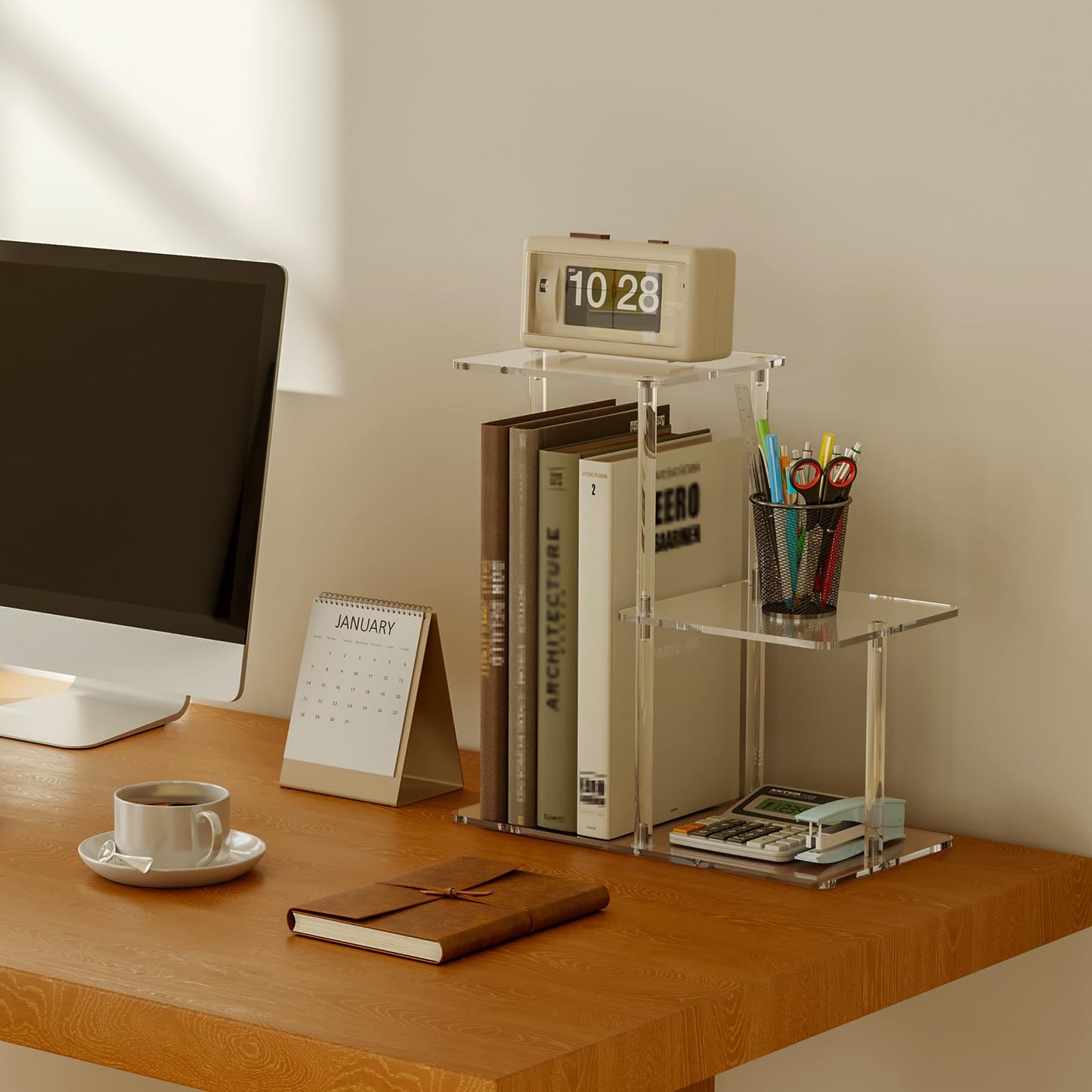 CRTERICX Acrylic Desktop Bookshelf, 7.9" D x 15" W x 15.3" H, Small Desktop Shelves Organizer, 3-Tier Clear Mini Table Top Shelf for Office Supplies and Desk Accessories, Easy Assembly
