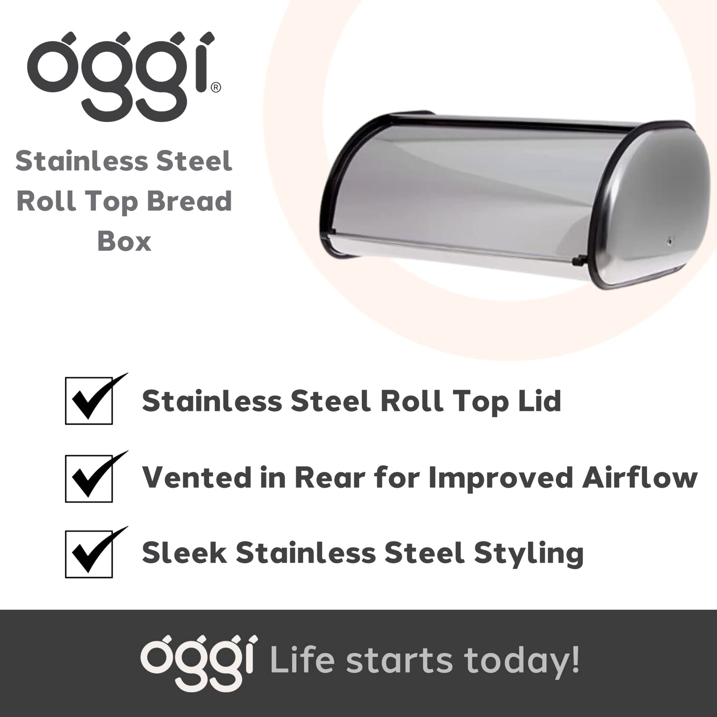 Oggi Stainless Steel Roll Top Bread Box for Kitchen Countertop with Stainless Steel Lid - Fits Multiple Large Loaves of Bread and Other Freshly Baked Goods Including Cookies, Bagels, Muffins