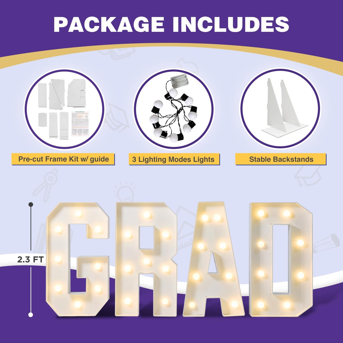2026 Graduation Decorations - 2.3 FT Large PRE-CUT GRAD Marquee Letters Kit - Mosaic Foam Board Sign - Class of 2026 Congrats Party Supplies for Kindergarten Preschool High School College