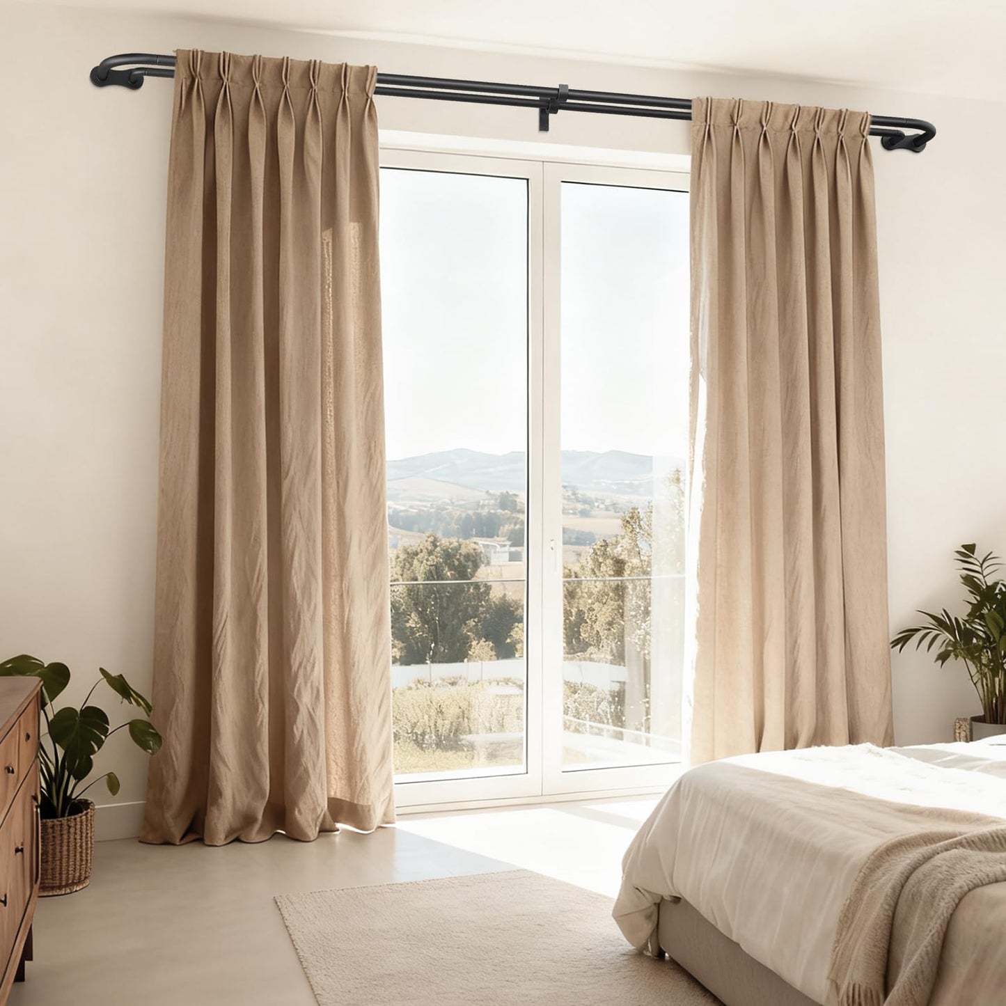 Double Curtain Rod 34-92 Inch, Black Wrap Around Blackout Dual Curtain Rods for Windows, Adjustable Heavy Duty Curved Spliced Room Darkening Double Rods, All Metal, Aluminium Bracket