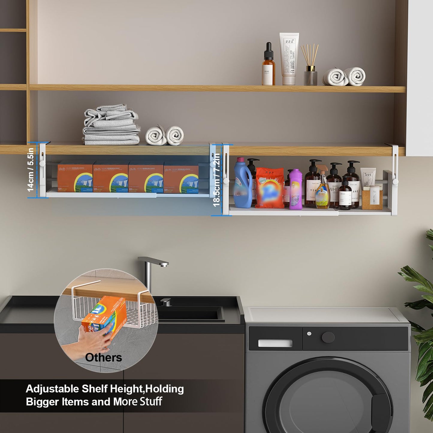AmonHouseware 2Pack Under Shelf Basket, Adjustable Hanging Under Cabinet Shelf Storage, Hanging Holder Length Stretchable 14.9-22.6Inch for Kitchen Pantry Desk Counter Bookshelf Cupboard (White)
