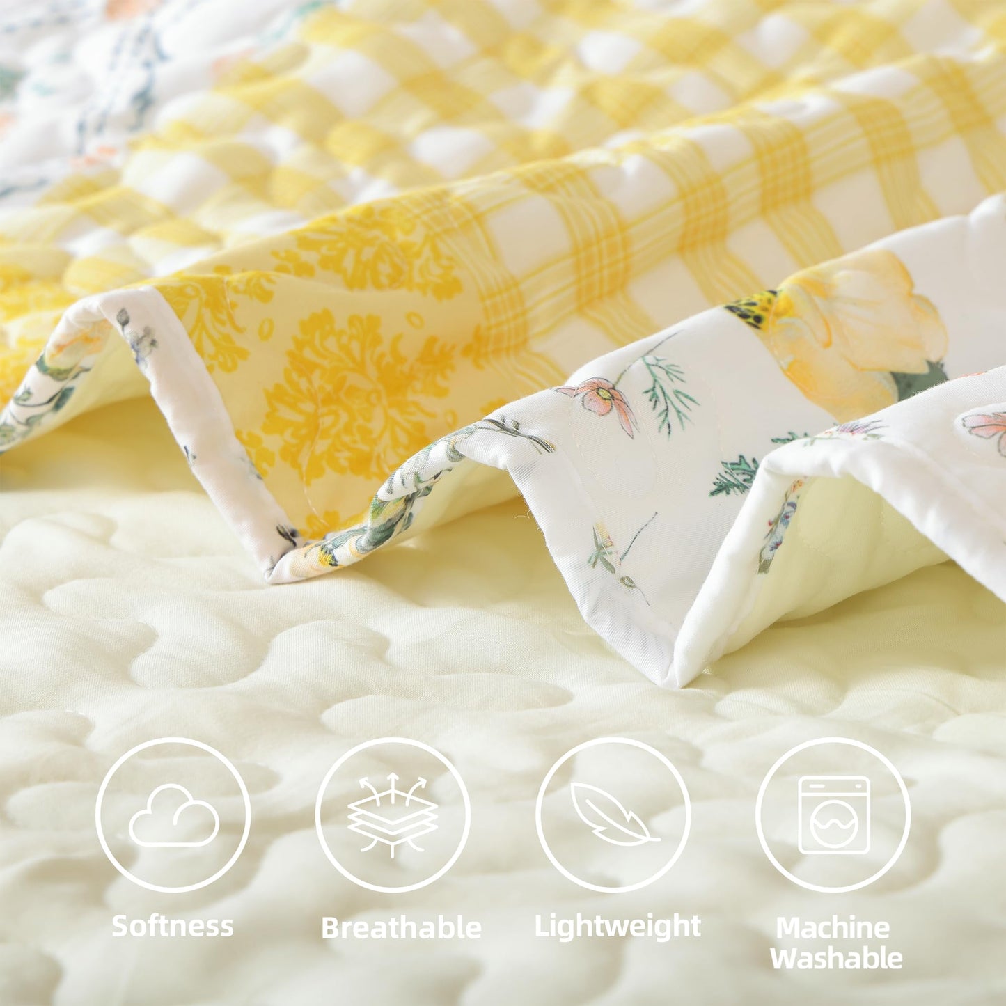 YIKUSH Floral Quilt Set King Size – Ultra Soft Lightweight Bedspread, 3 Piece Yellow Bedding Set (104"x90") with Pillowcases (20"x36"), All Season Coverlet for Bedroom & Guest Room