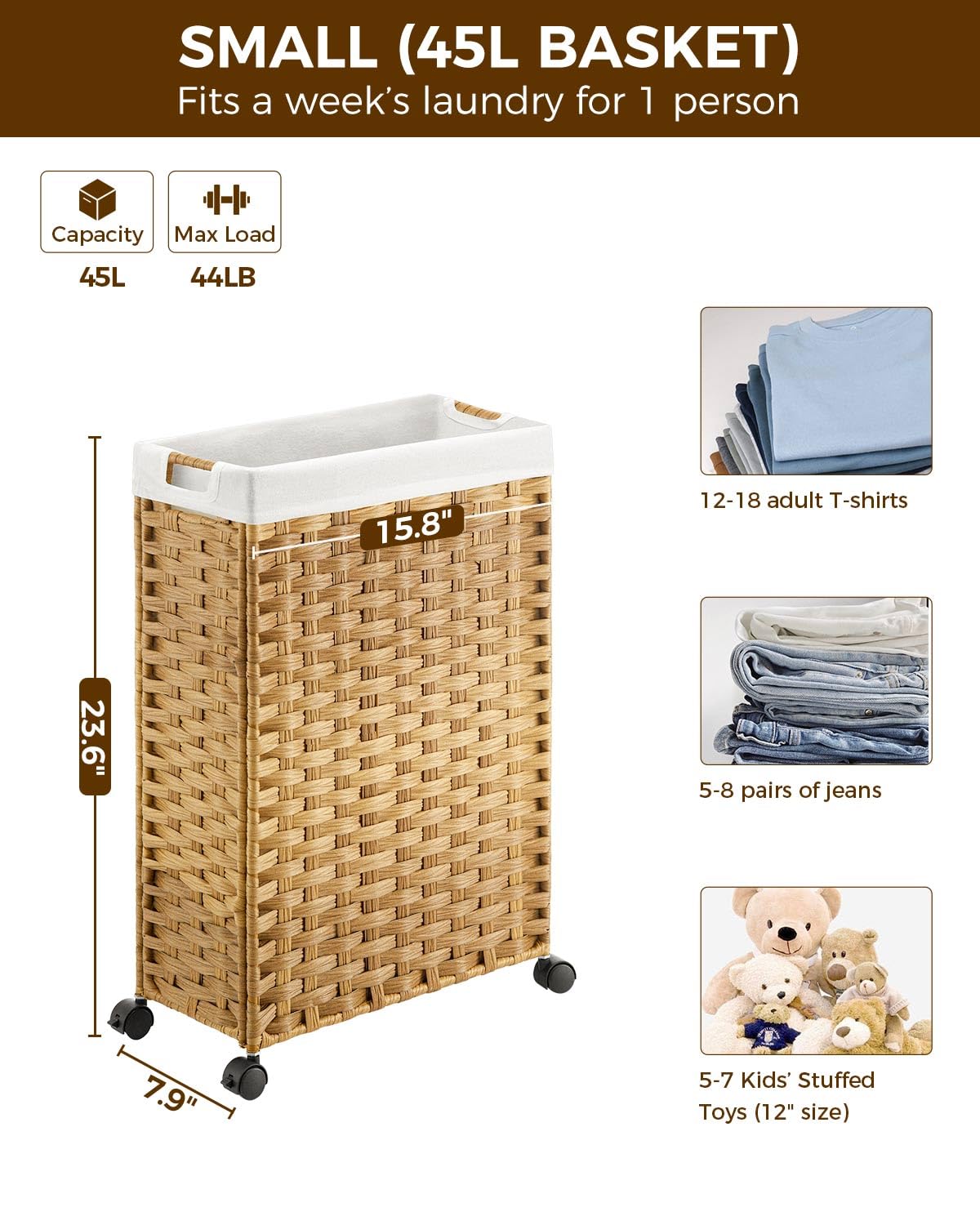 Greenstell Laundry Hamper with Wheels, 11.9 Gallon (45L) Small Clothes Hamper with 2 Removable Liner Bags & 2 Mesh Bags, Slim Rattan Laundry Basket for Bathroom, Bedroom, Natural