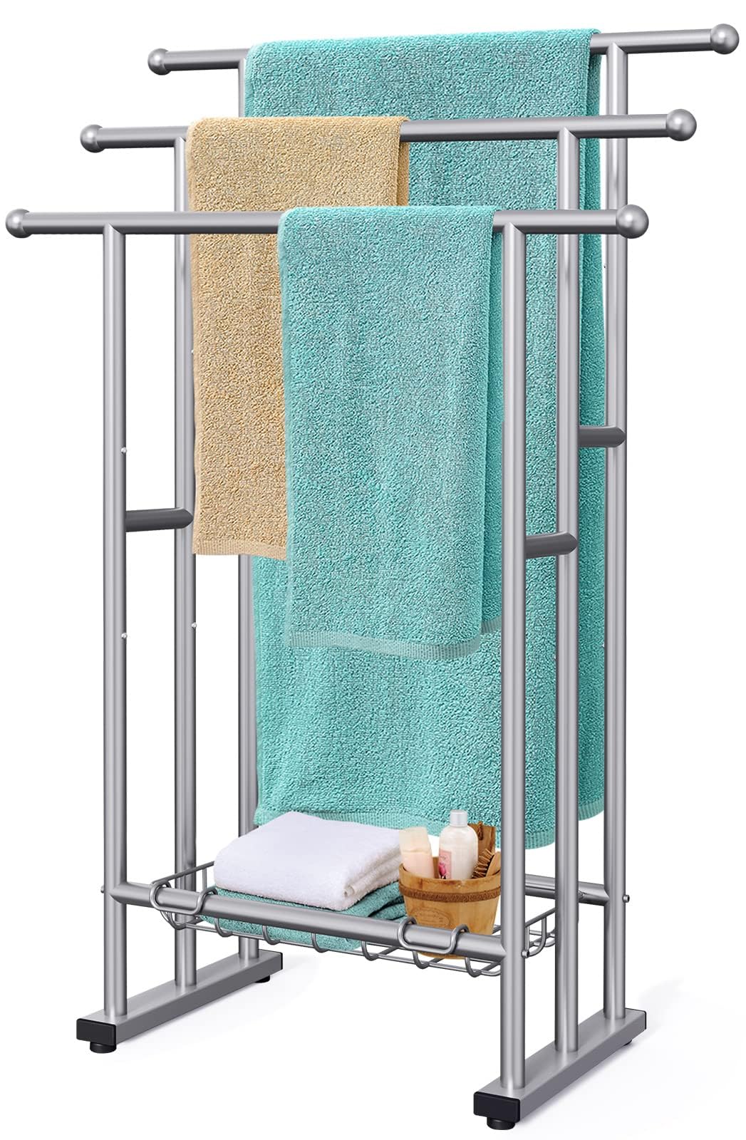40" Tall Freestanding Towel Racks for Bathroom, 3 Tier Floor Towel Rack with Storage Basket, Blanket Ladder Drying and Display Rack for Large Bath & Hand Towel Outdoor Poolside