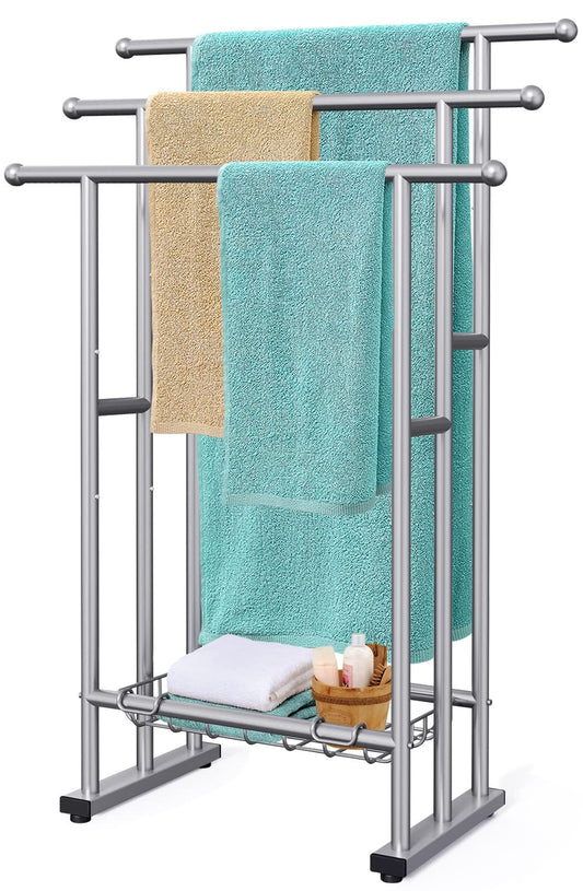 40" Tall Freestanding Towel Racks for Bathroom, 3 Tier Floor Towel Rack with Storage Basket, Blanket Ladder Drying and Display Rack for Large Bath & Hand Towel Outdoor Poolside