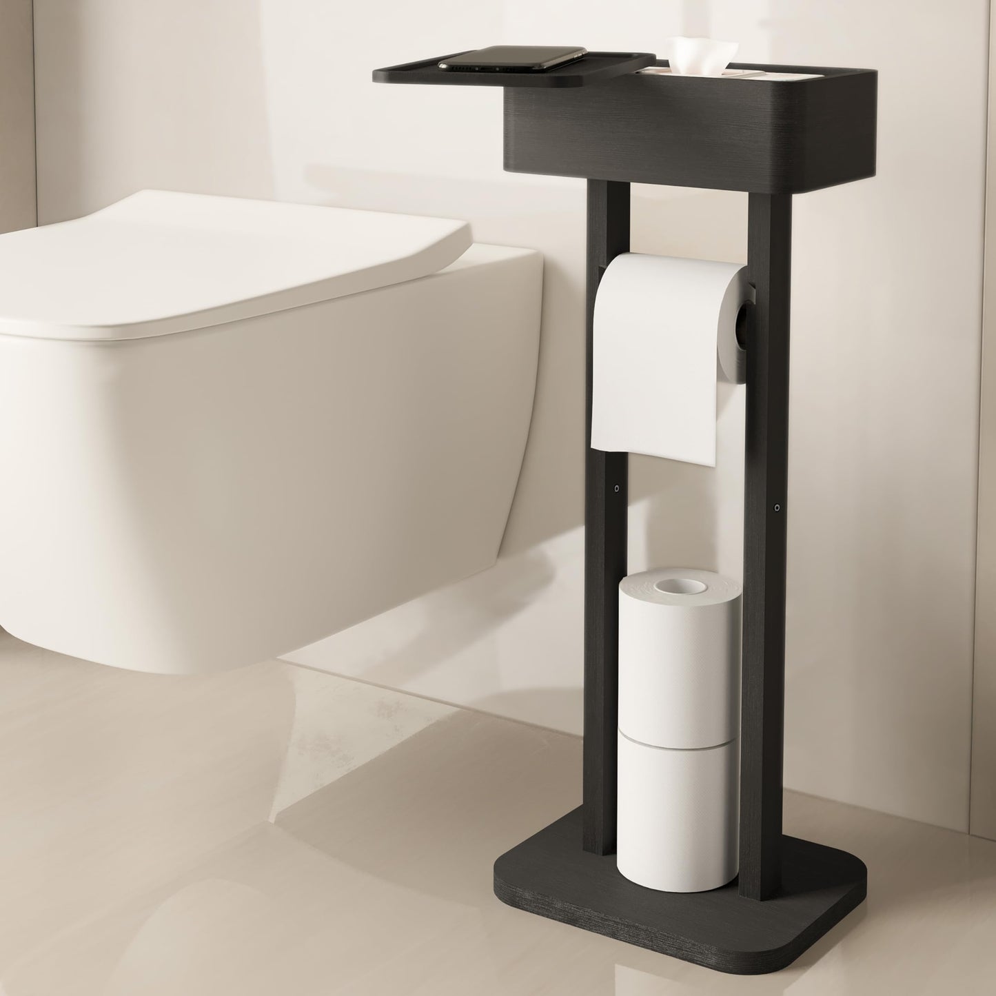 Wealone 4-in-1 Black Toilet Paper Holder Stand with Storage Shelf Box, 360° Rotating Bamboo Free Standing Toilet Tissue Roll, Toilet Wipes Dispenser Organizer, Temporary Desktop for Bathroom (Patent)