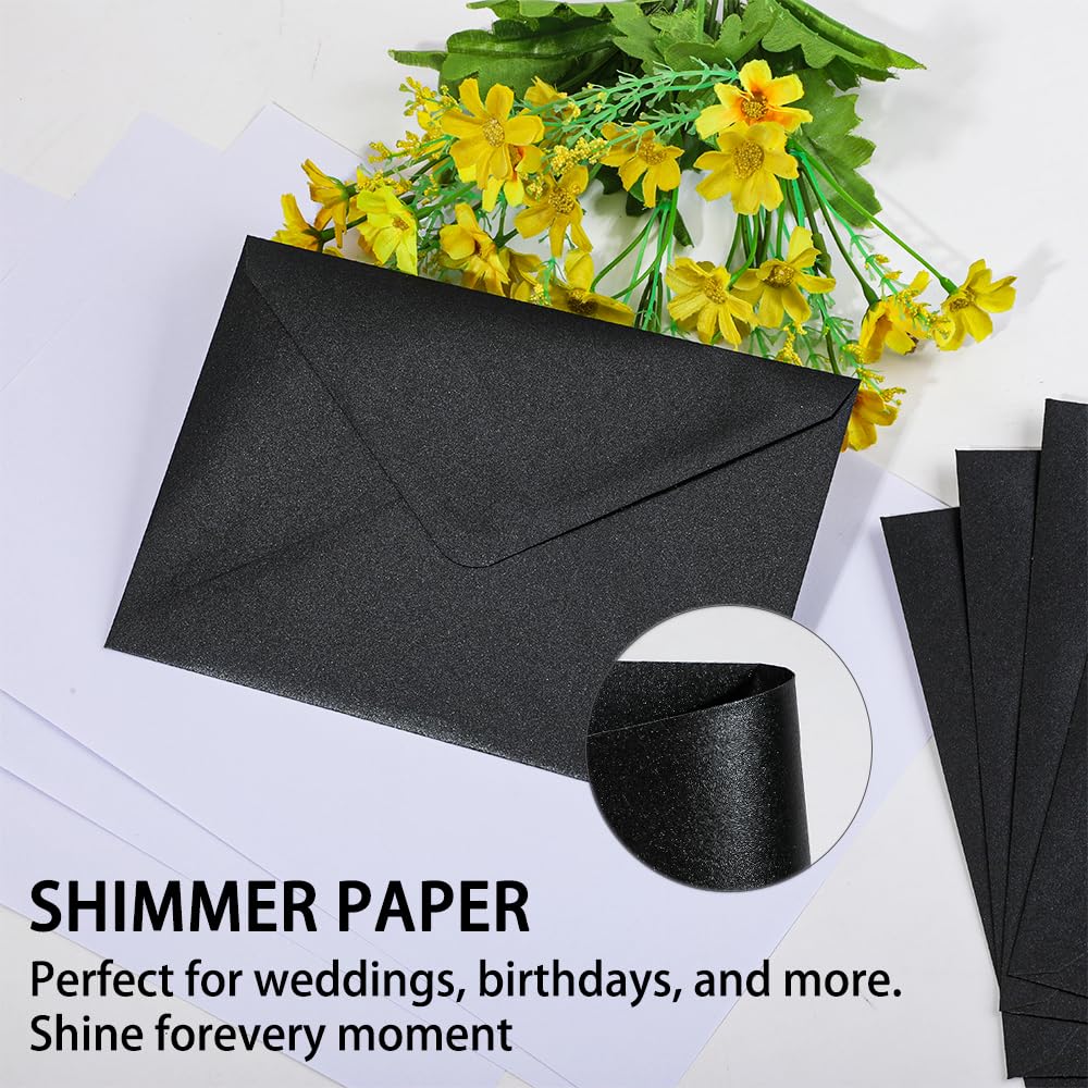 UoeRing Bulk 5x7 Self-Sealing Black Envelopes 250 Pack - A7 (5.31×7.67in) Premium 120g Pearl Glitter Paper - Printable & Writable for Wedding, Party Invitations - Includes Gold Sealing Stickers