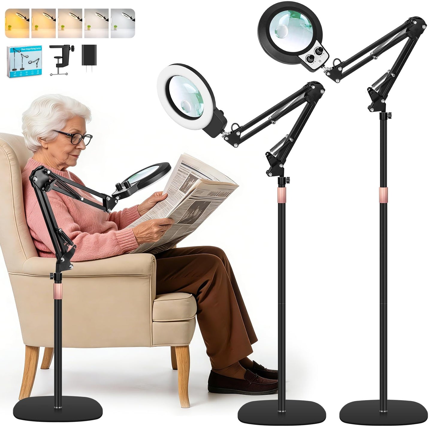 KMDES 30X 12X Magnifying Floor Lamp, 2 in 1 Magnifying Glass with Light and Stand for Craft, Repair, Sewing, Workbench, Magnifier Light Dual Knob Stepless Brightness Color Modes & Adjustable Height