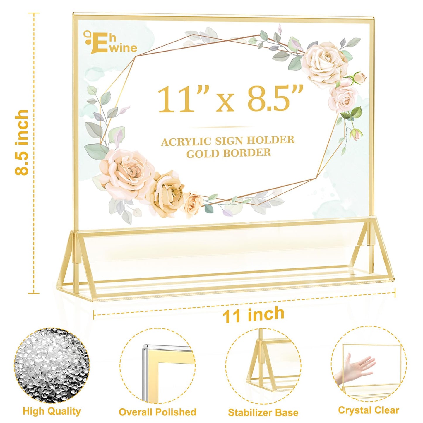 EHWINE 8 Pack Acrylic Sign Holder 8.5 x 11 Horizontal, Double-Sided Stand up Table Top Sign Holders, Gold Acrylic Picture Frame Menu Flyer Paper Holder Display Stand for Office Business Store Wedding Party