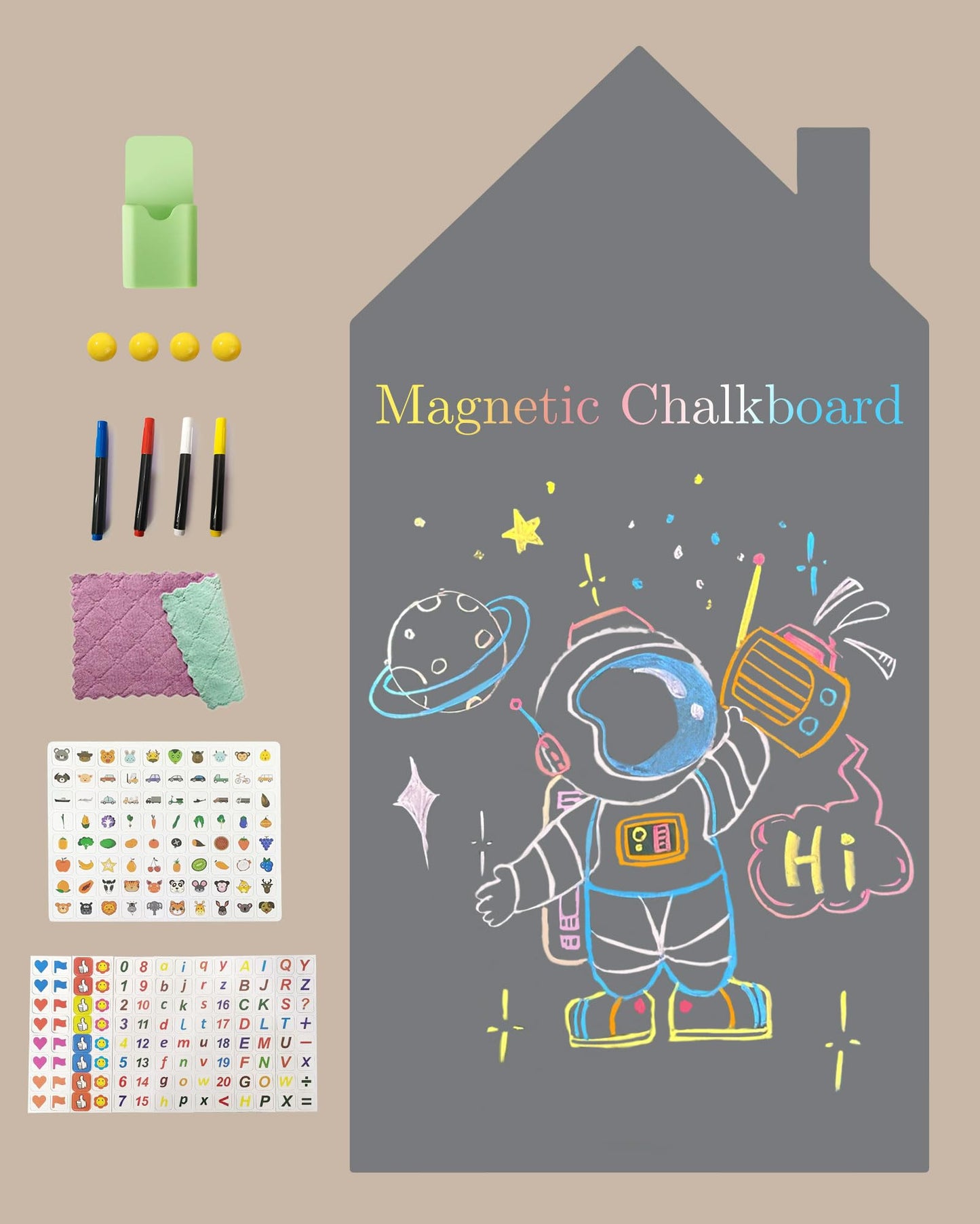 Magnetic Wall Decal for Kids, Magnetic Chalkboard Contact Paper for Wall, Playroom Essentials, Includes Dustless Chalks, Chalk Holder, Wipe Cloth, Stickers (Grey House, 34.6" x 58.3")