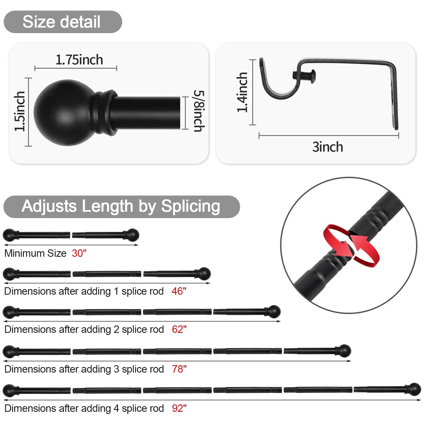 Thestoa 2 pack Black Curtain Rods for Windows 48 to 92 inch, Adjusts Length by Splicing, 5/8" Diameter Matte Black Small Curtain Rods for Bedroom, Living Room, Kitchen, Outdoor, Farmhouse