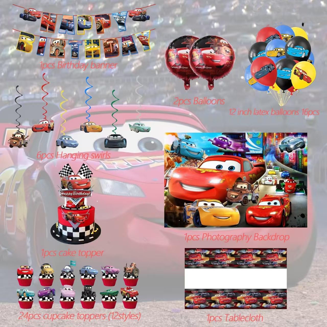 52Pcs Cars Birthday Party Supplies, Party Decorations Set Include Banner, Backdrop, Balloons, Hanging Swirls, Cake Cupcake Toppers, Tablecloth for Boys Girls Cars Theme Party