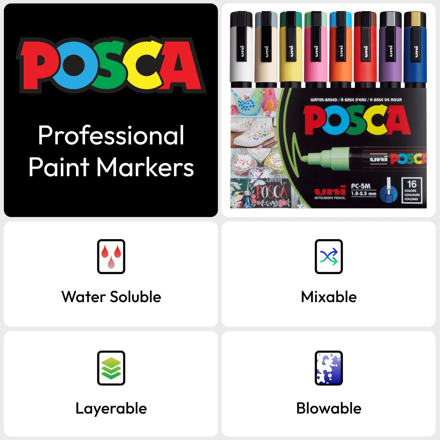 Uni Posca Paint Marker PC-5M Medium Bullet Standard Colors Set of 16