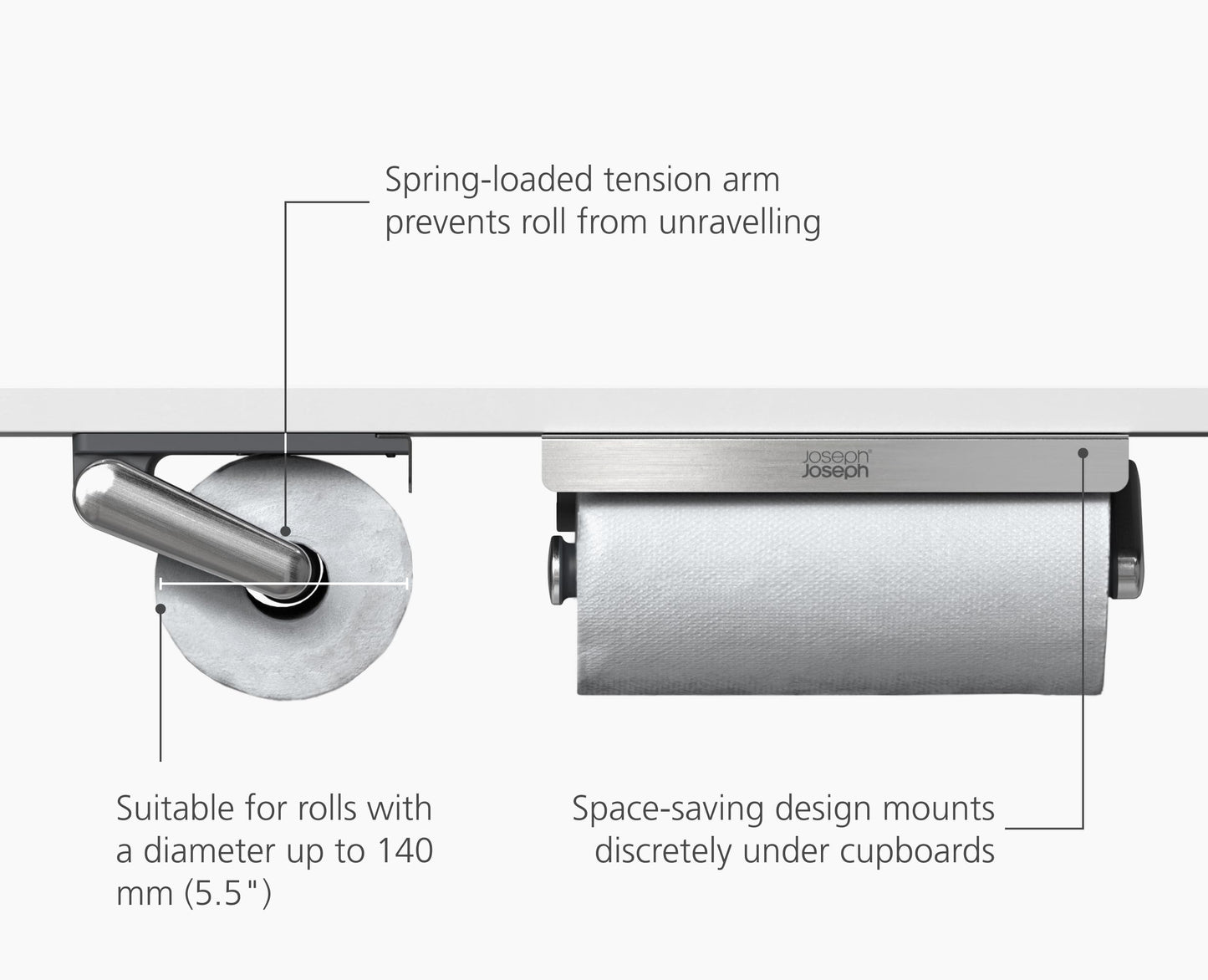 Joseph Joseph RollGrip Under Cabinet Paper Towel Kitchen Roll Holder, Space-Saving, Fits up to 5.5" Diameter Rolls
